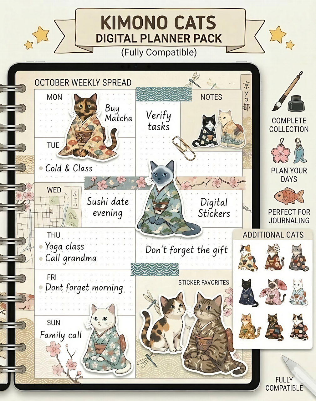 49 Bundle of Kimono Cat Stickers, Japanese Kawaii Clipart, Digital Planner PNG (Digital Download)