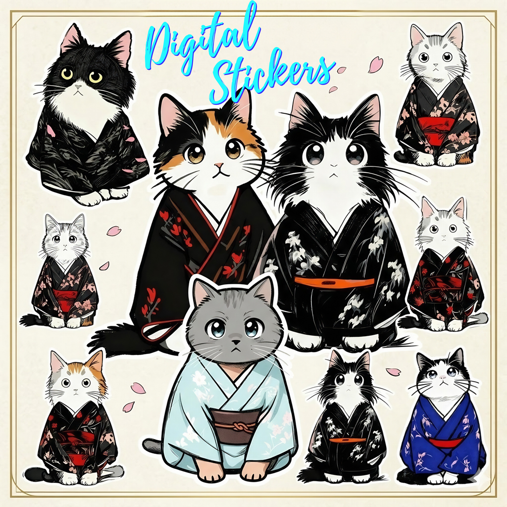 51 Quiet Cats in Kimonos – Digital Sticker Bundle (+ Bonus!)