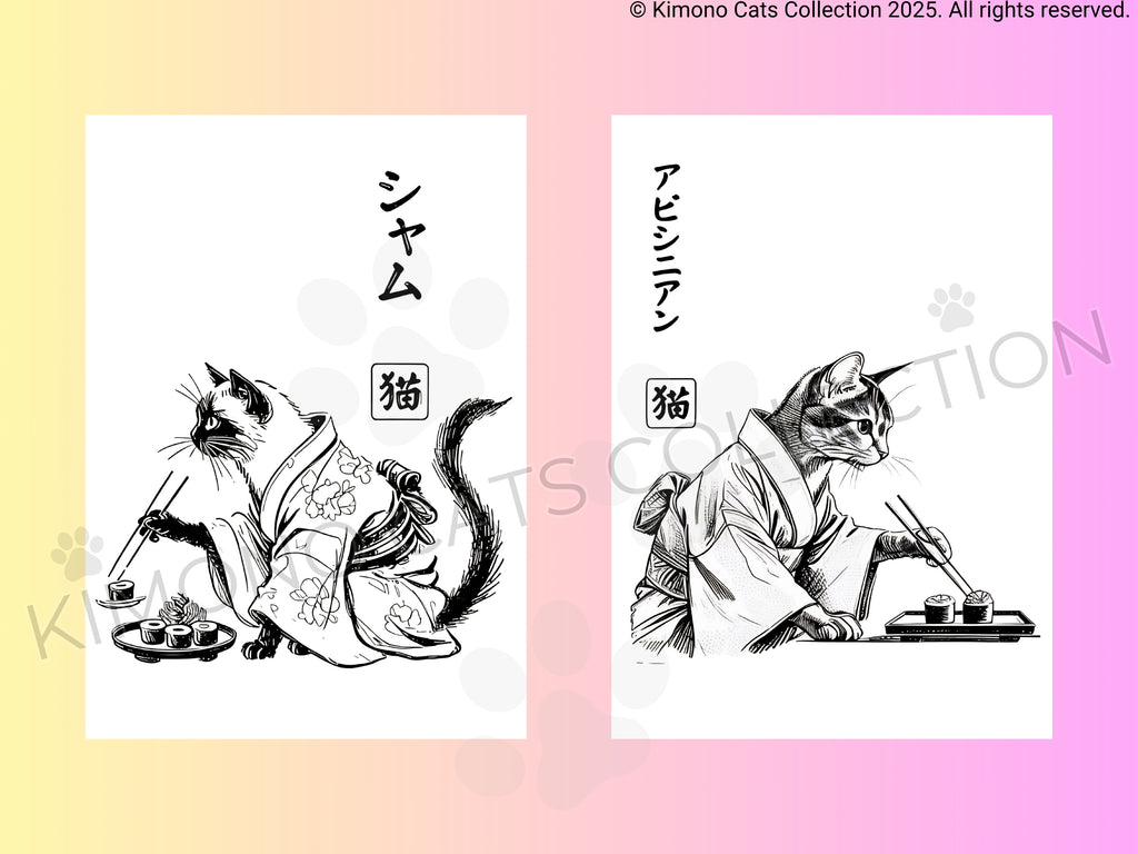 Two illustrations of cats in kimono on a gradient background with 'Kimono Cats Collection' branding.