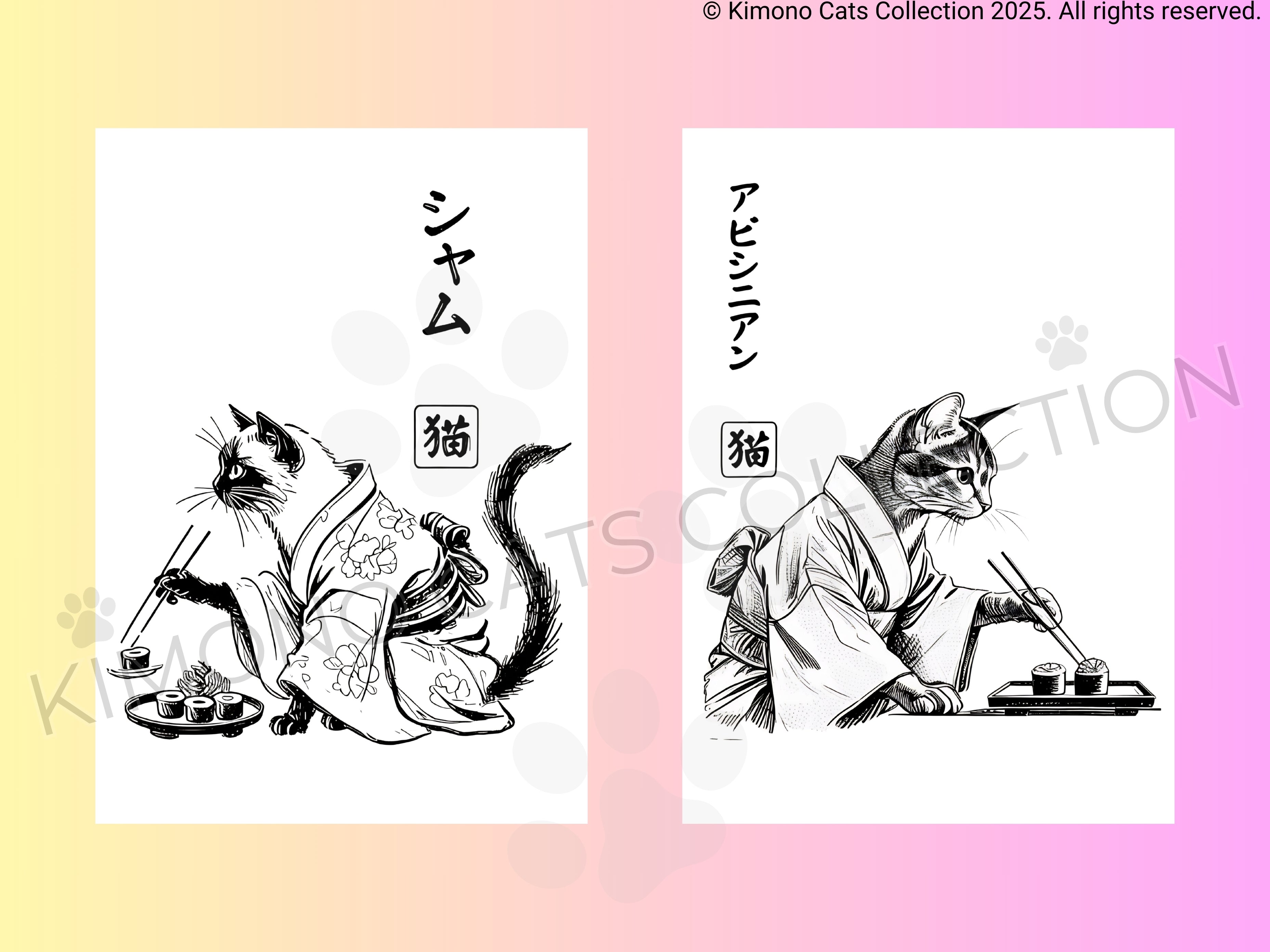 Two illustrations of cats in kimono on a gradient background with 'Kimono Cats Collection' branding.