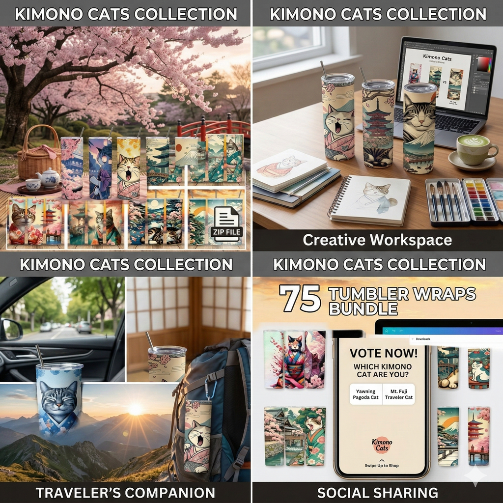 75 Kimono Cats Tumbler Wraps - 20oz PNG Bundle