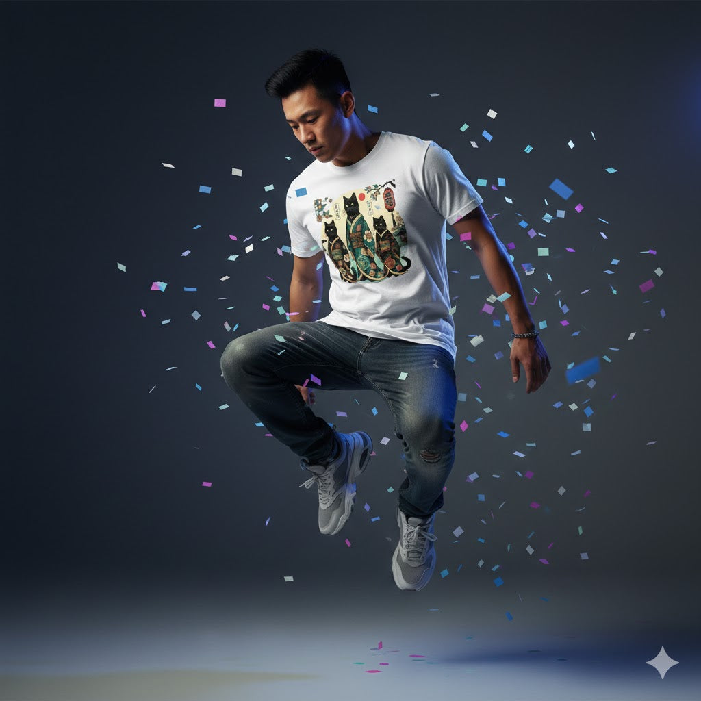 Man in a white t-shirt with a colorful graphic design, jumping in the air with confetti around him.