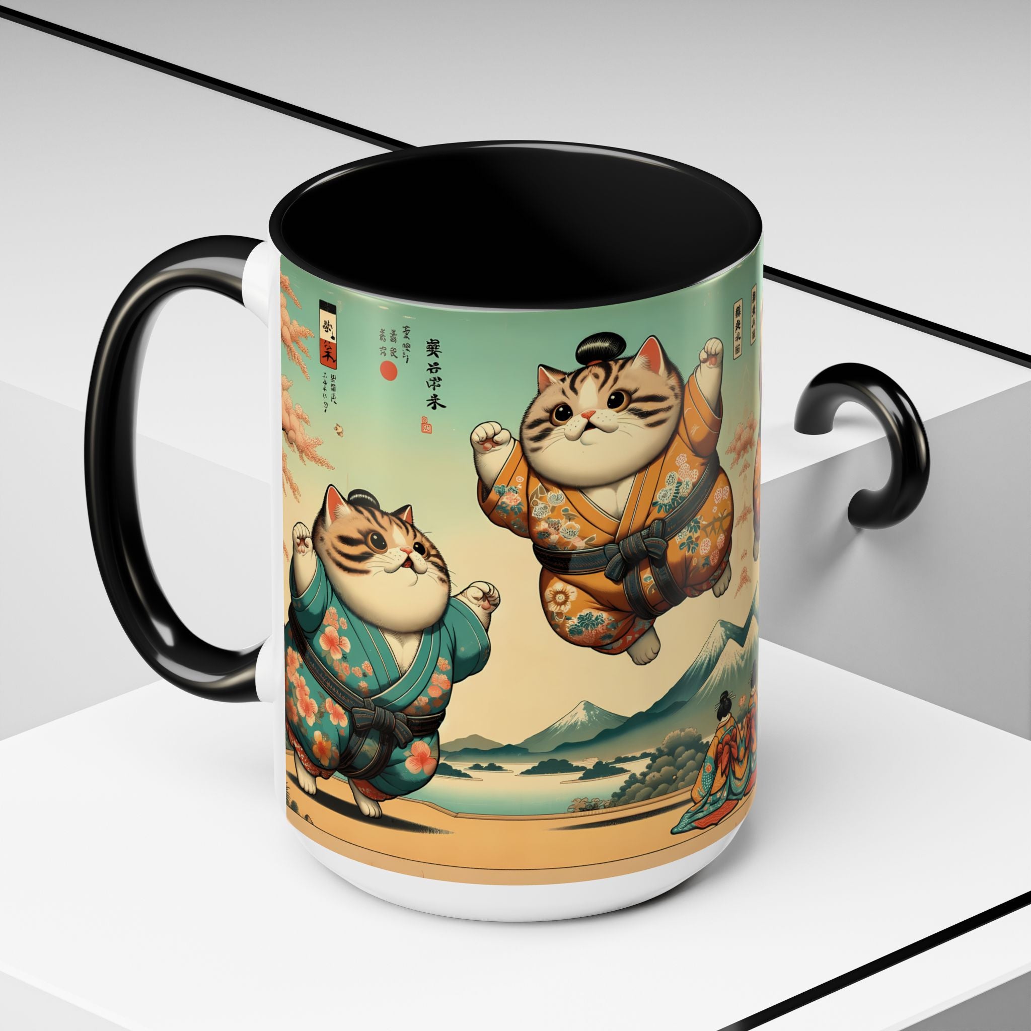 Sumo Cats Mug with Japanese Cherry Blossoms Design - Kimono Cats Collection