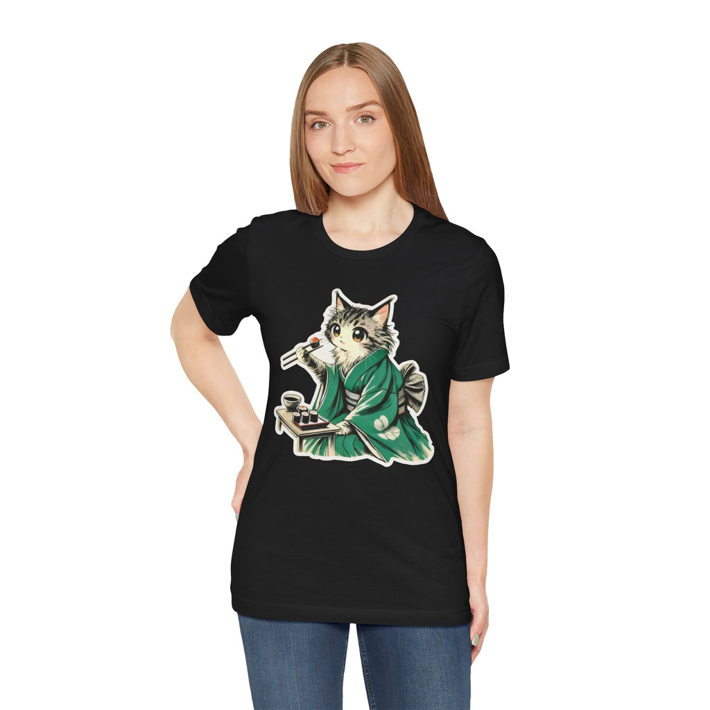 Kat Wearing Kimono Eating Sushi T-Shirt | Cute Japanese Cat Illustration