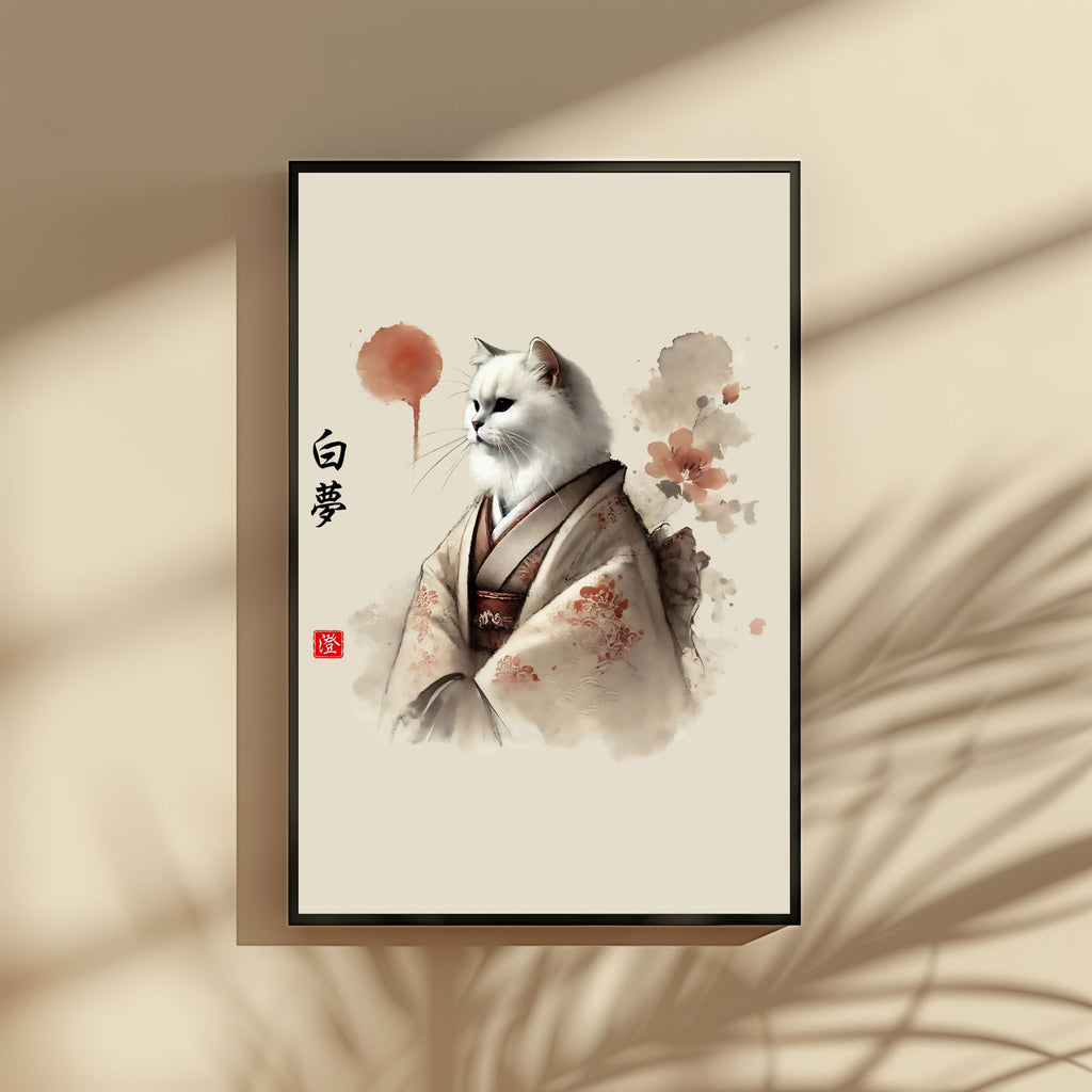 白夢 (Haku-Mu) – White Dream Cat Wall Art