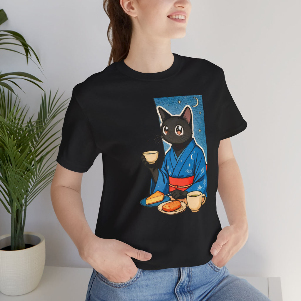 Midnight Tea Cat Shirt - Japanese Kimono Black Cat Tee | Cozy Night Aesthetic