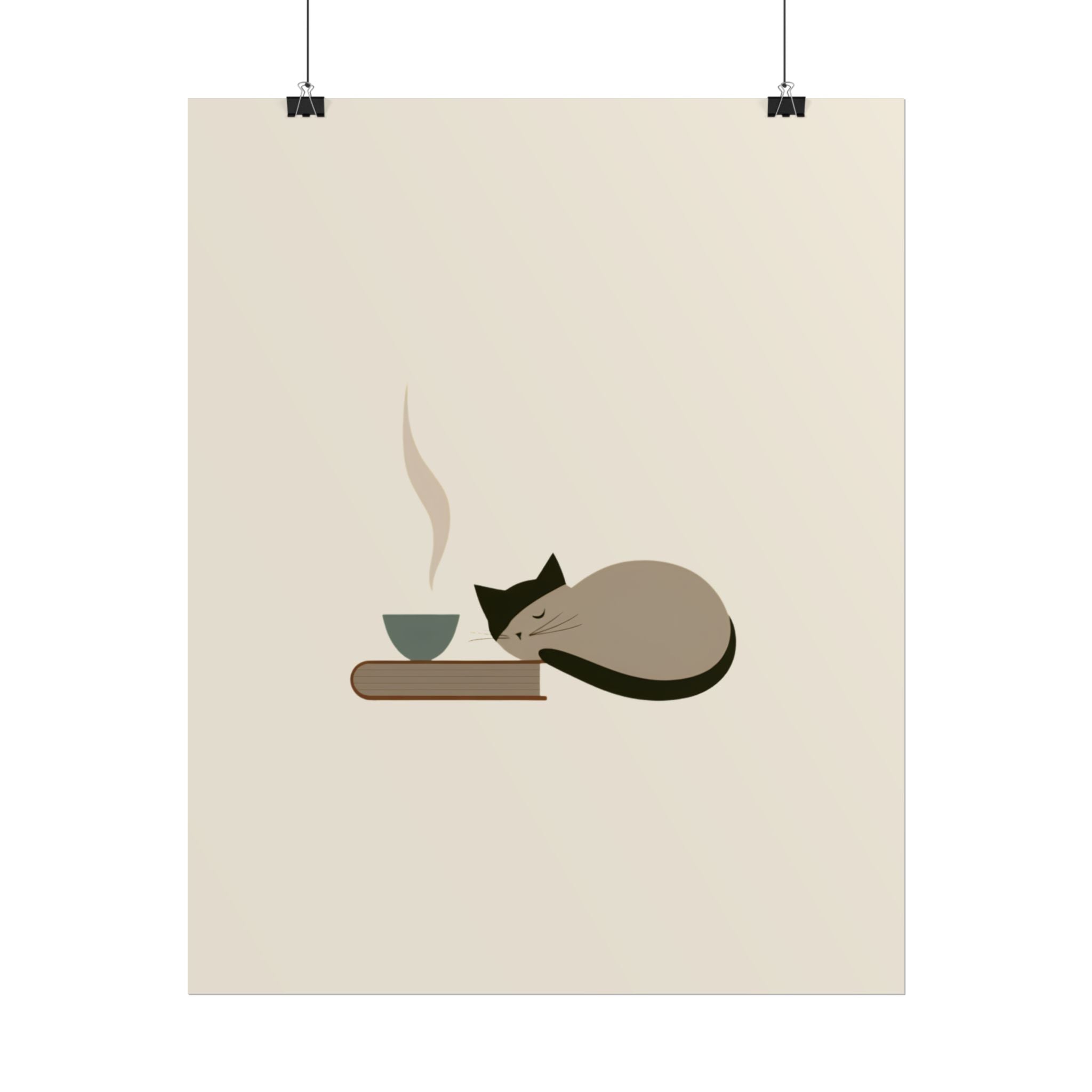 Minimalist Cat Nap Poster – Cozy Tea & Book Wall Art
