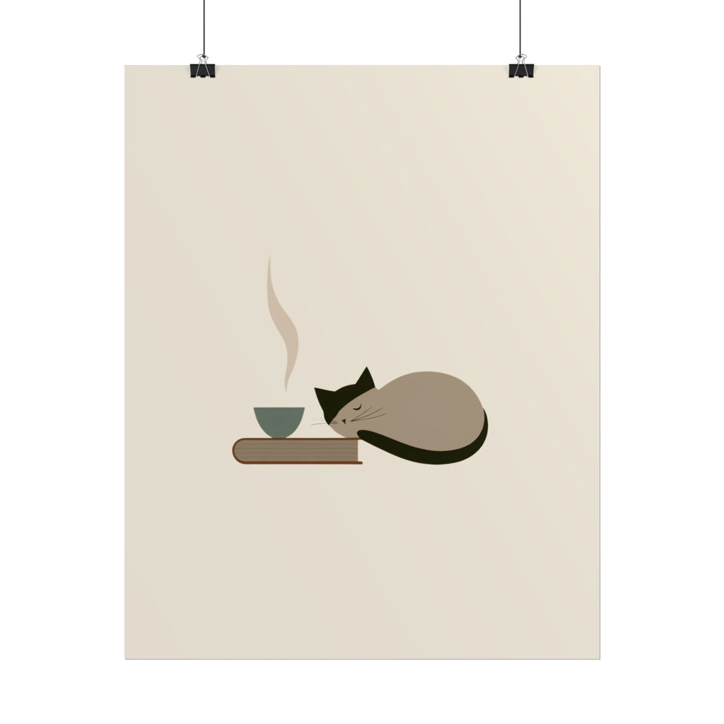Minimalist Cat Nap Poster – Cozy Tea & Book Wall Art