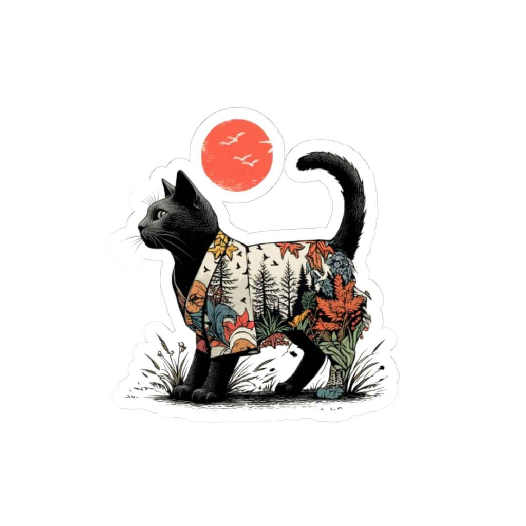 Black Cat with Autumn Forest Illustration Kiss-Cut Sticker | Fall Nature