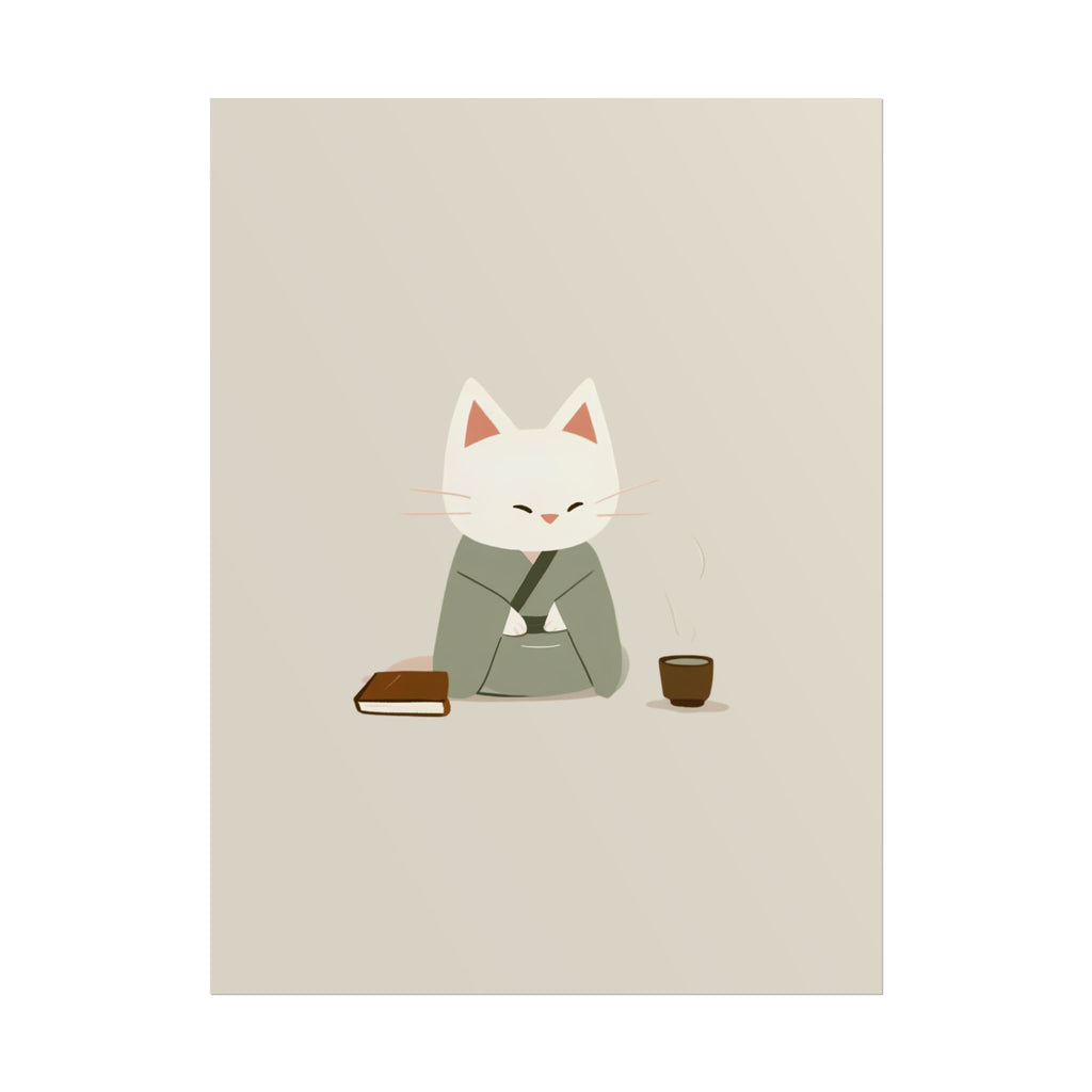 Zen Cat Poster – Minimalist Japanese Tea & Book Wall Art