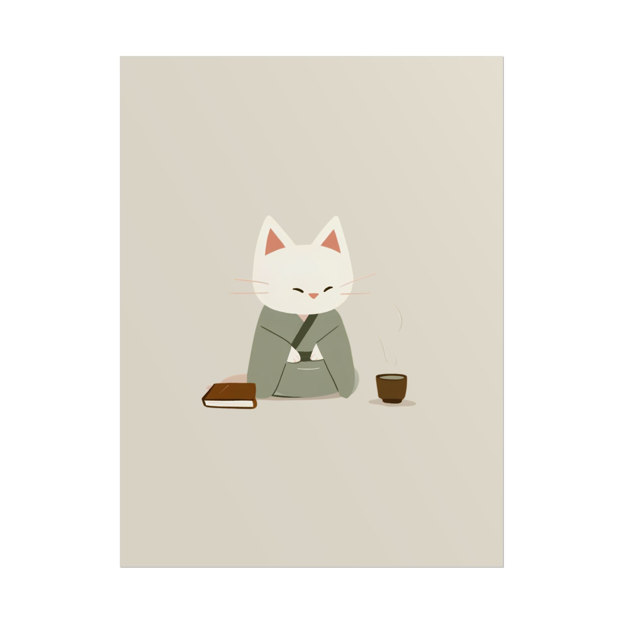Zen Cat Poster – Minimalist Japanese Tea & Book Wall Art