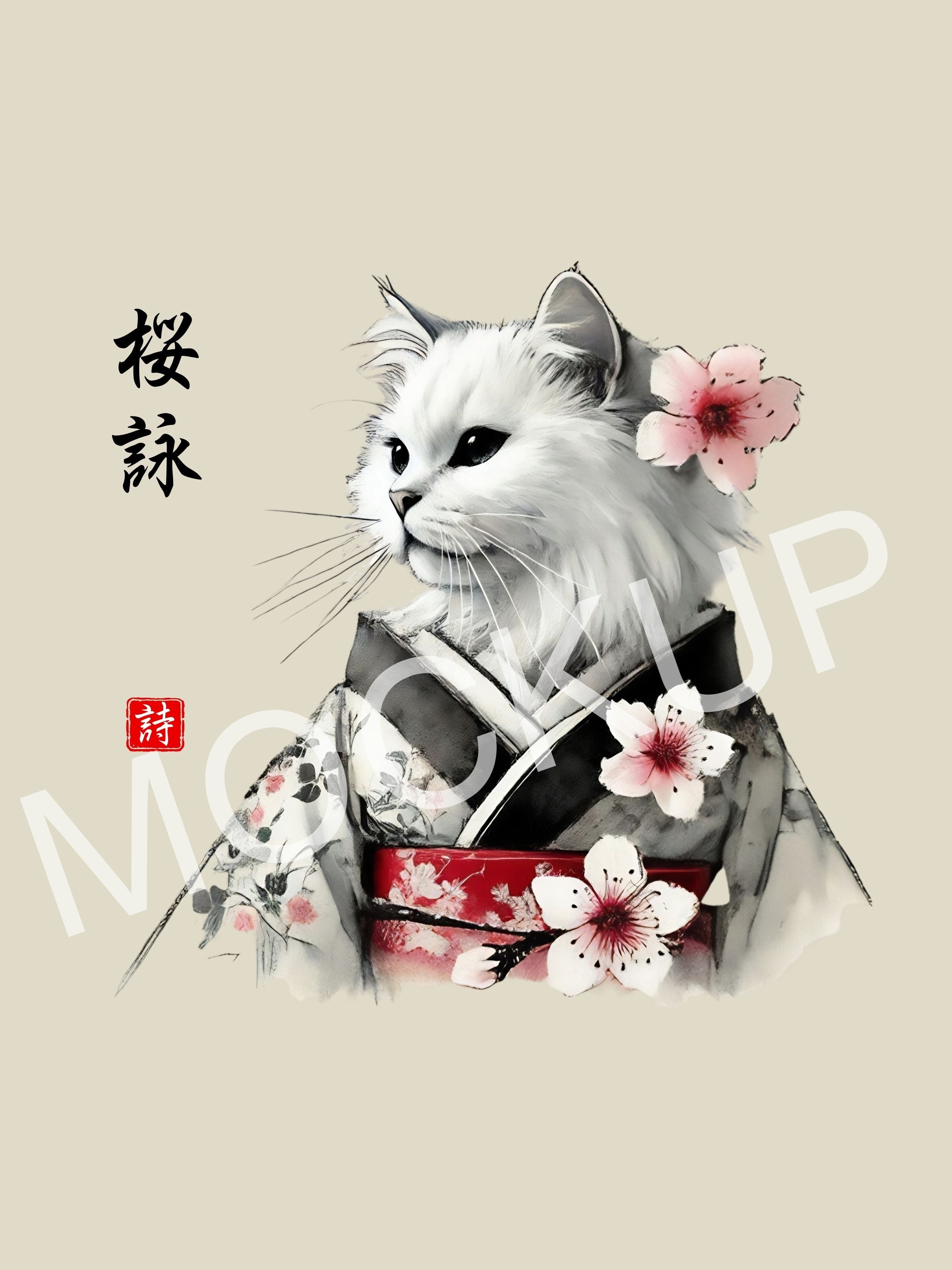 桜詠 (Sakura-Ui) – Cherry Blossom Poem Cat Wall Art