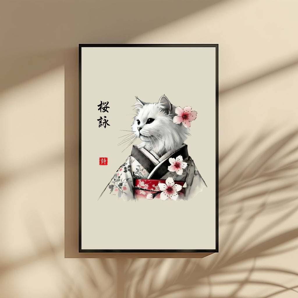 桜詠 (Sakura-Ui) – Cherry Blossom Poem Cat Wall Art