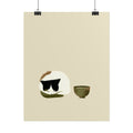 Minimal Cat and Tea Poster — Cute Calico Cat with Tea Cup Wall Art