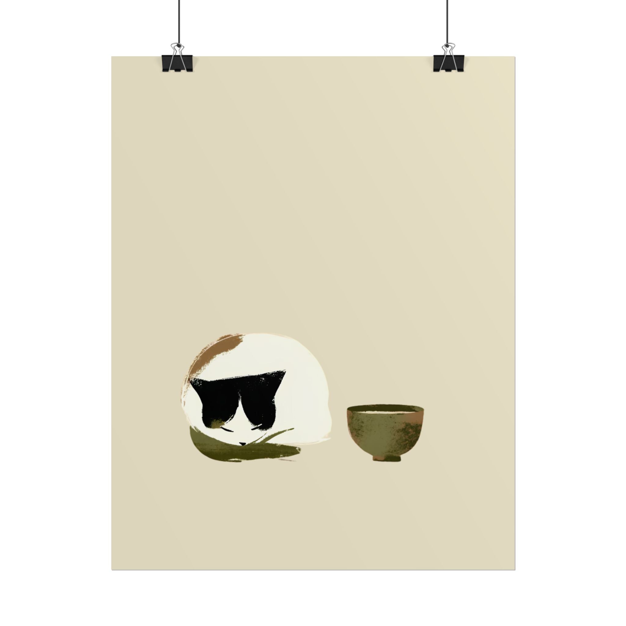 Minimal Cat and Tea Poster — Cute Calico Cat with Tea Cup Wall Art