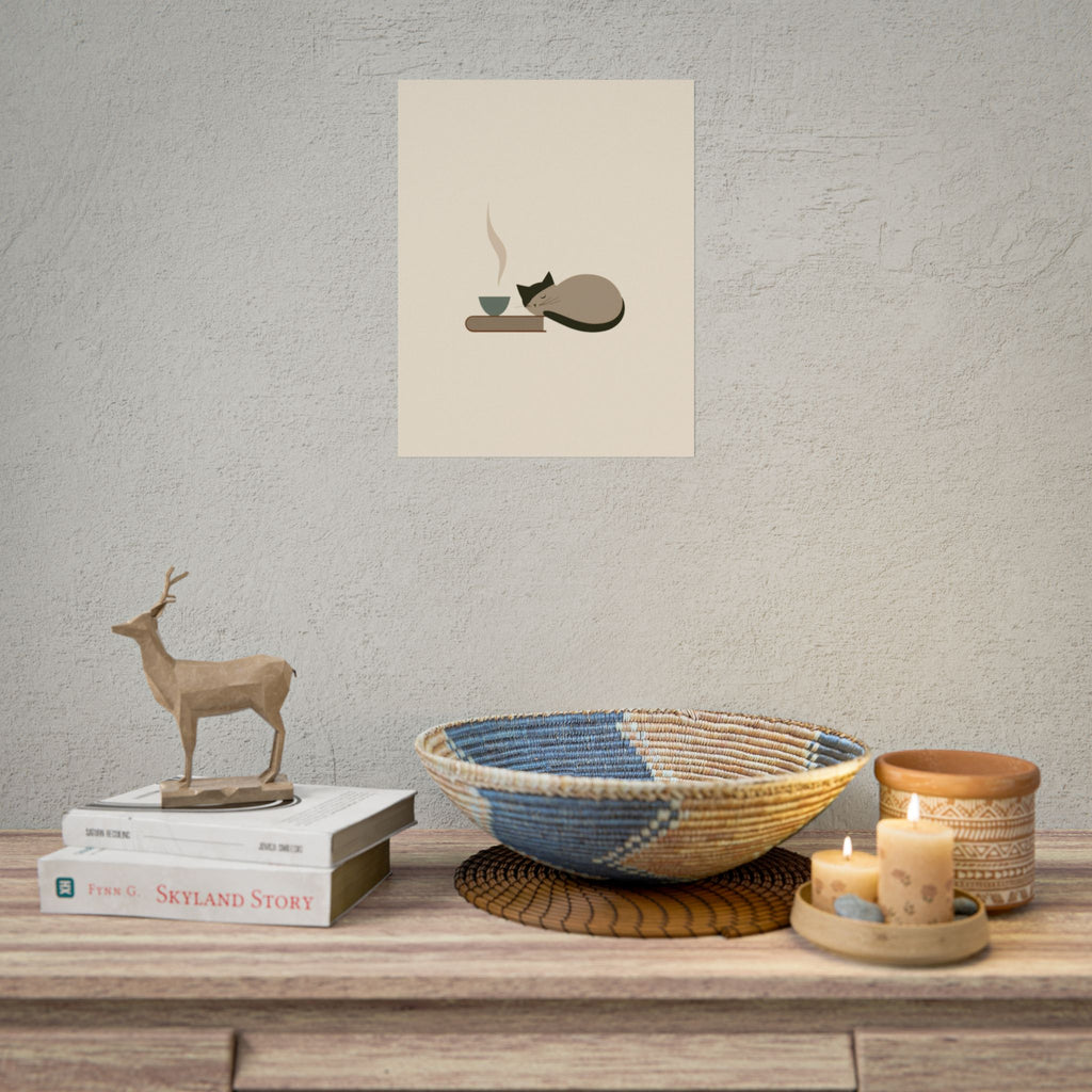 Sleeping Cat with Tea Rolled Poster | Minimal Cozy Wall Art