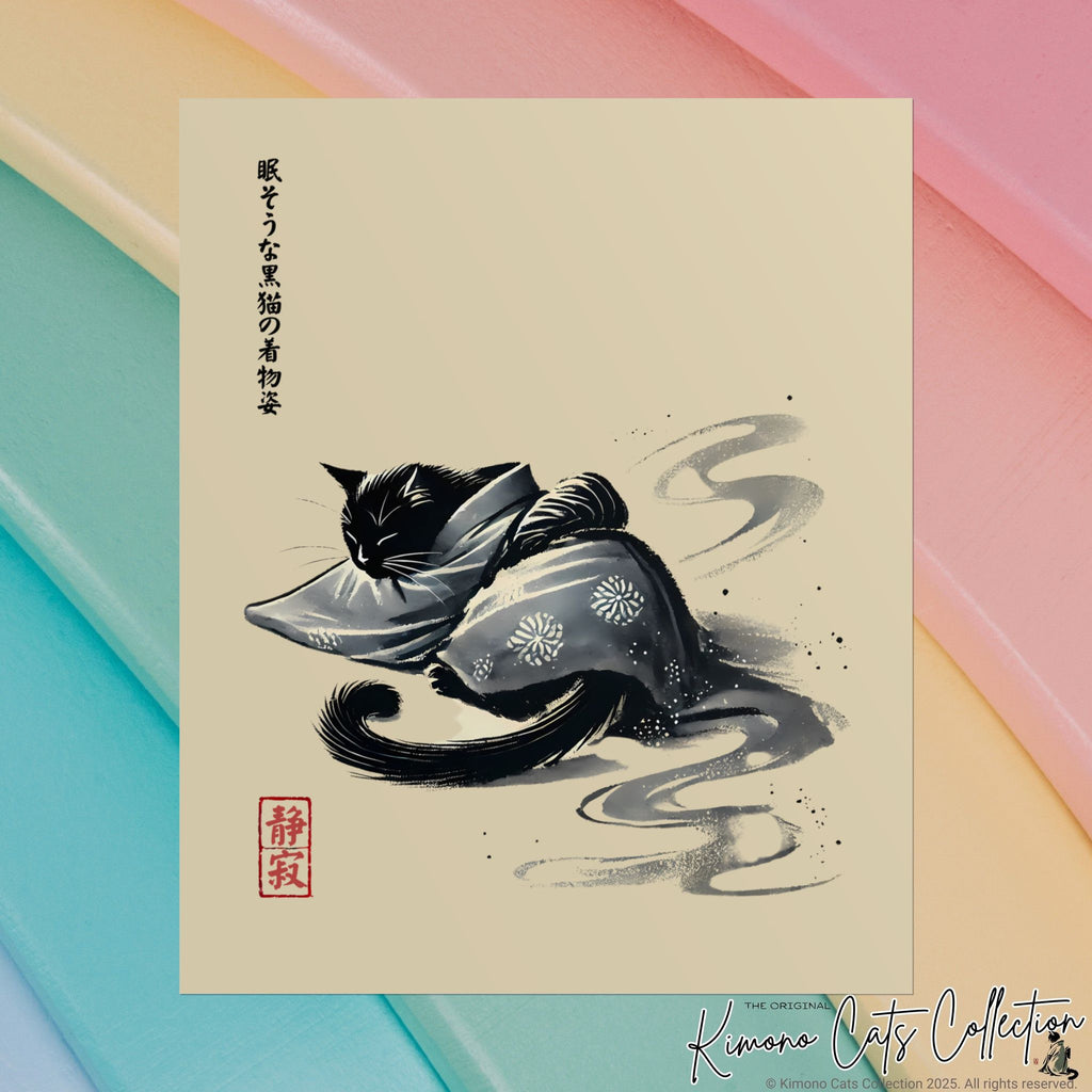 Sleeping Black Cat in Kimono – Sumi-e Zen Art Print
