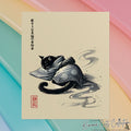Sleeping Black Cat in Kimono – Sumi-e Zen Art Print