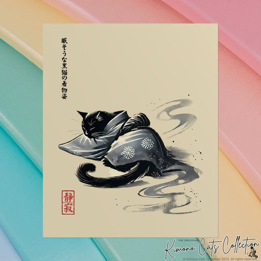 Schlafende schwarze Katze im Kimono – Sumi-e Zen-Kunstdruck 🐾🖌️