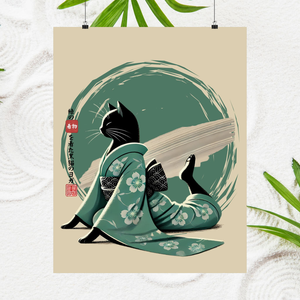 Yoga Black Cat in Green Kimono - Japanese Art Print