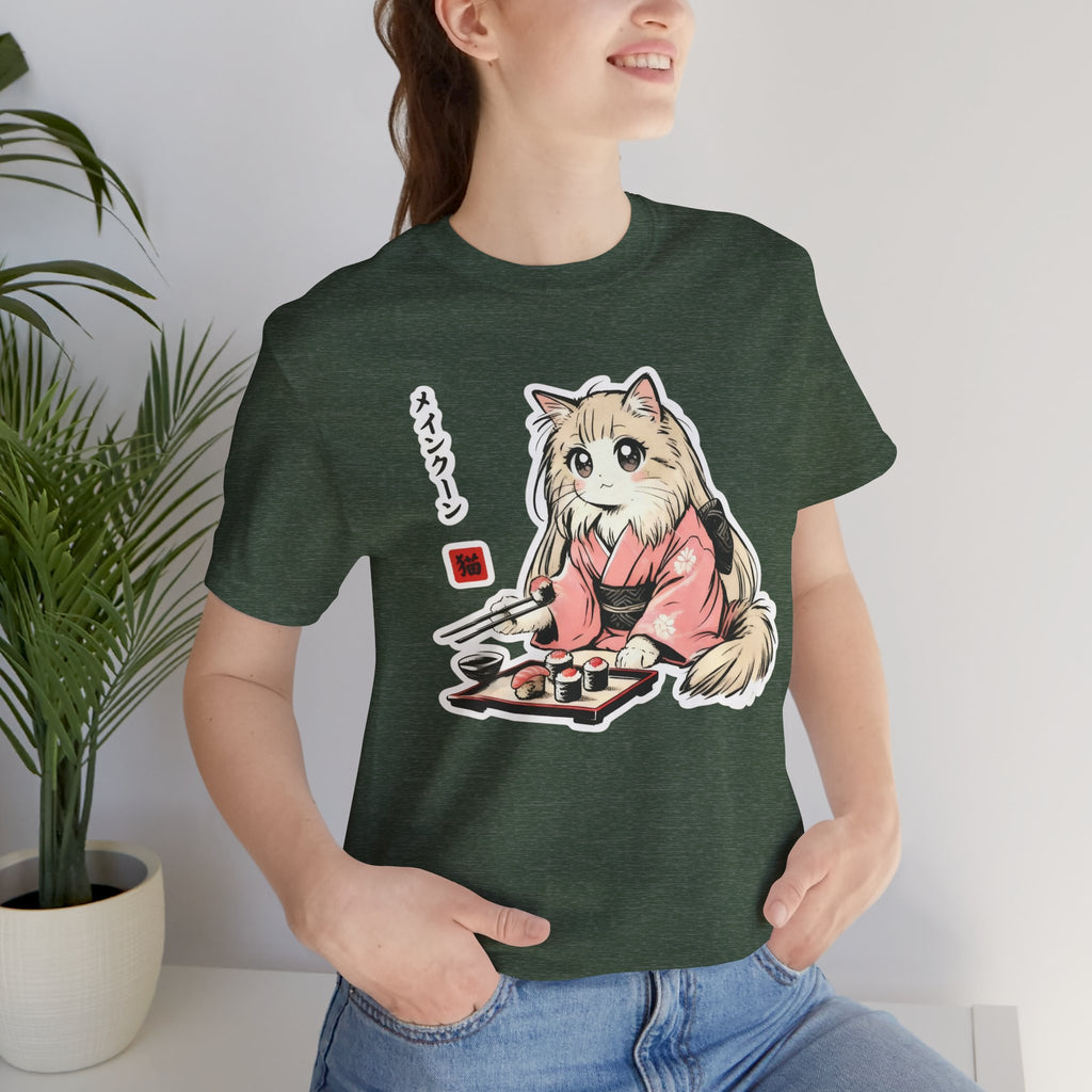 Sushi Lover Cat Shirt - Kawaii Kimono Tee, Maine Coon