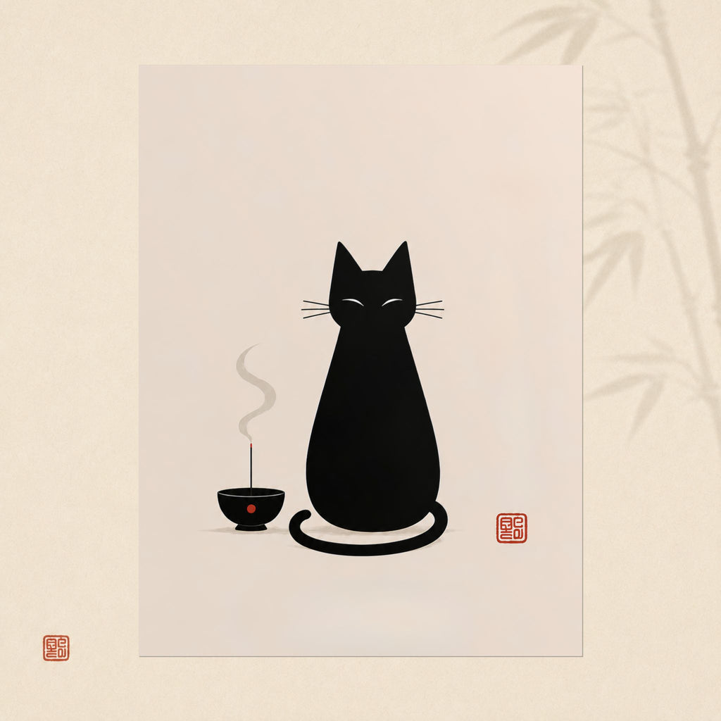 Rolled Poster — Minimal Black Cat & Tea Illustration