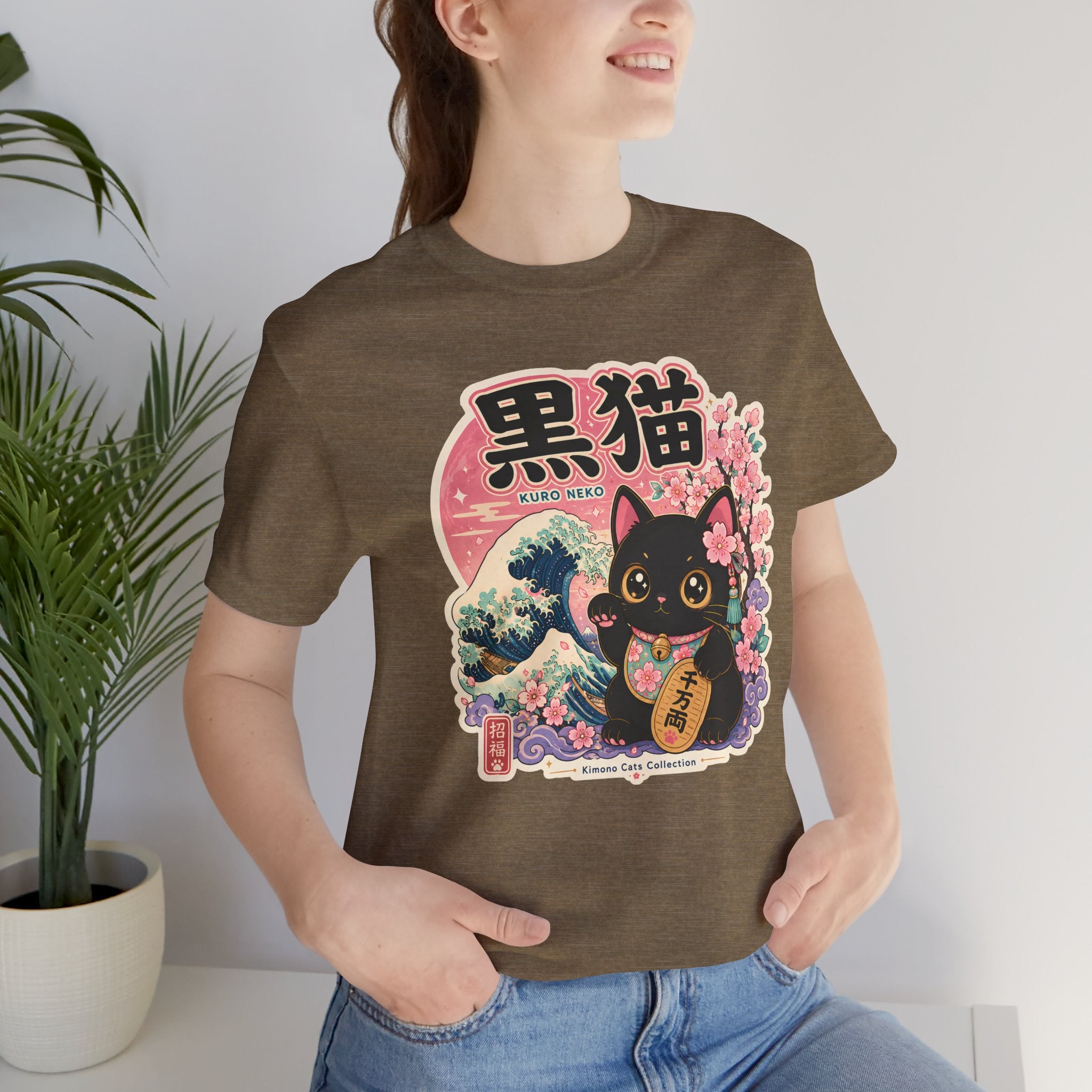 Maneki Neko Black Cat Tee | Japanese Lucky Cat, Sakura Waves Graphic Shirt