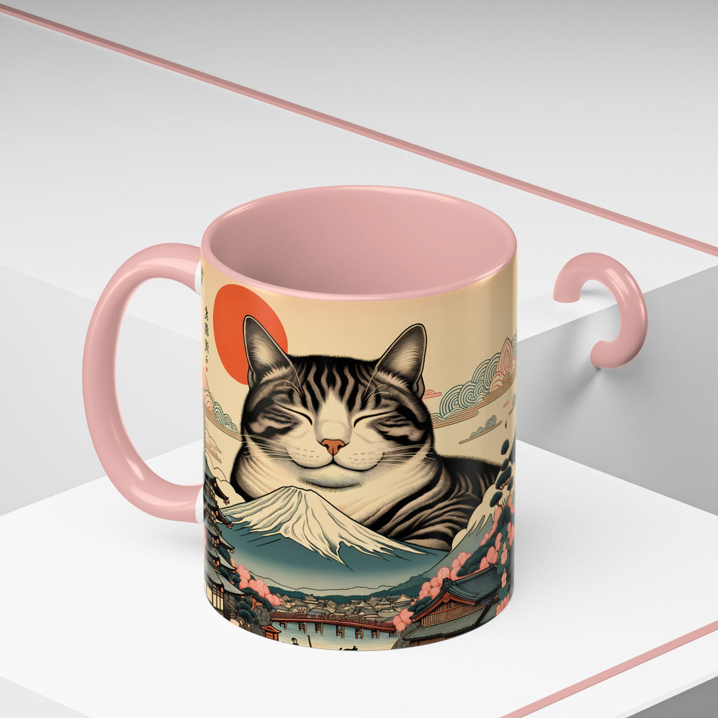 Japanese Fuji Cat Mug - Ukiyo-e Style Gift for Cat Lovers, Pet Mom Coffee Cup, Sleepy Neko Art Design
