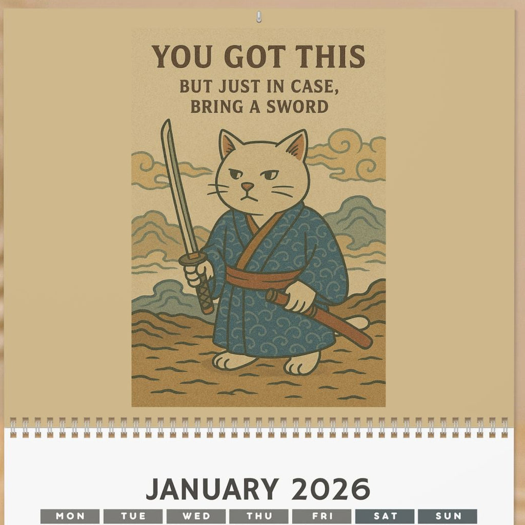 Calendar with a cat holding a sword illustration and January 2026 layout on a beige background.