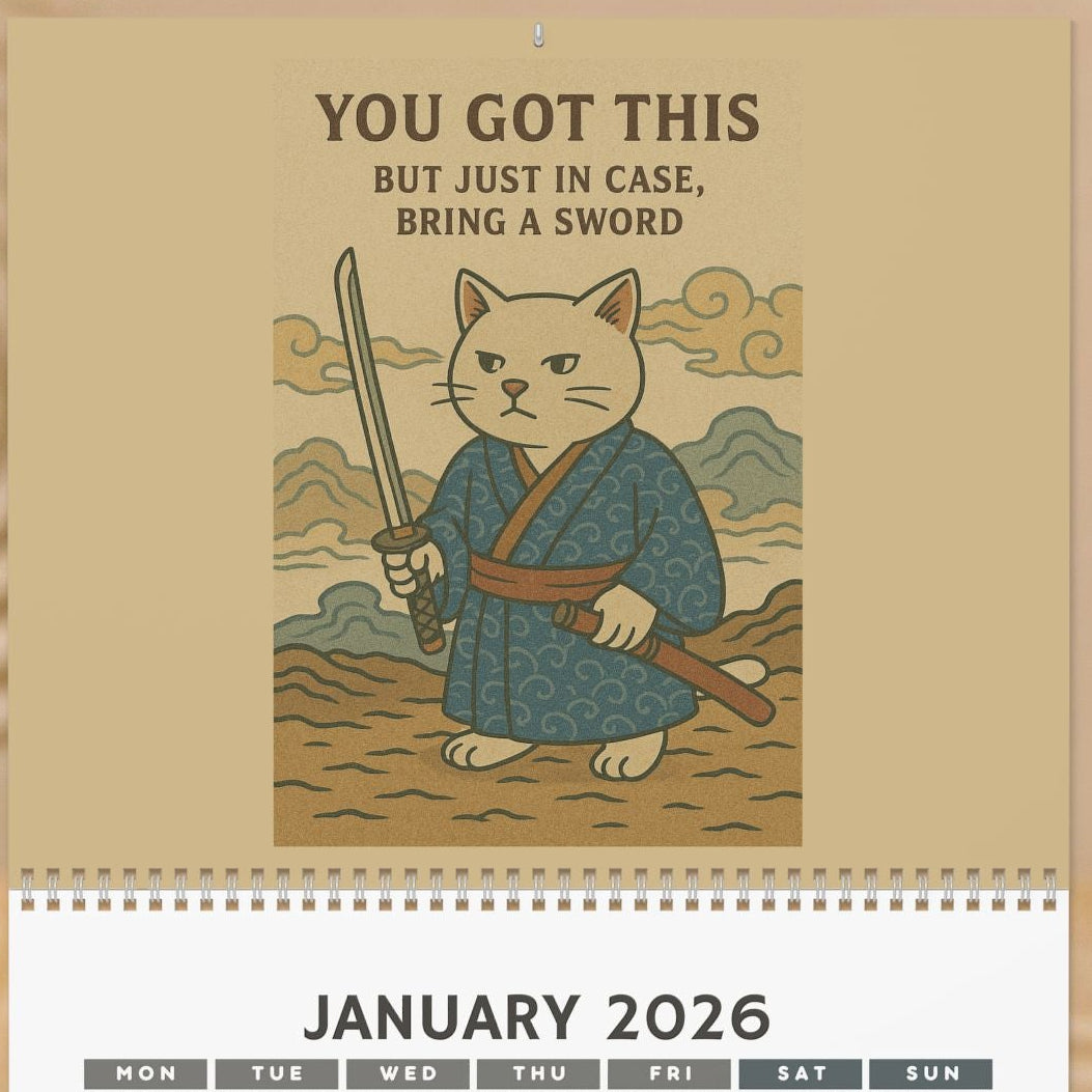 Calendar with a cat holding a sword illustration and January 2026 layout on a beige background.
