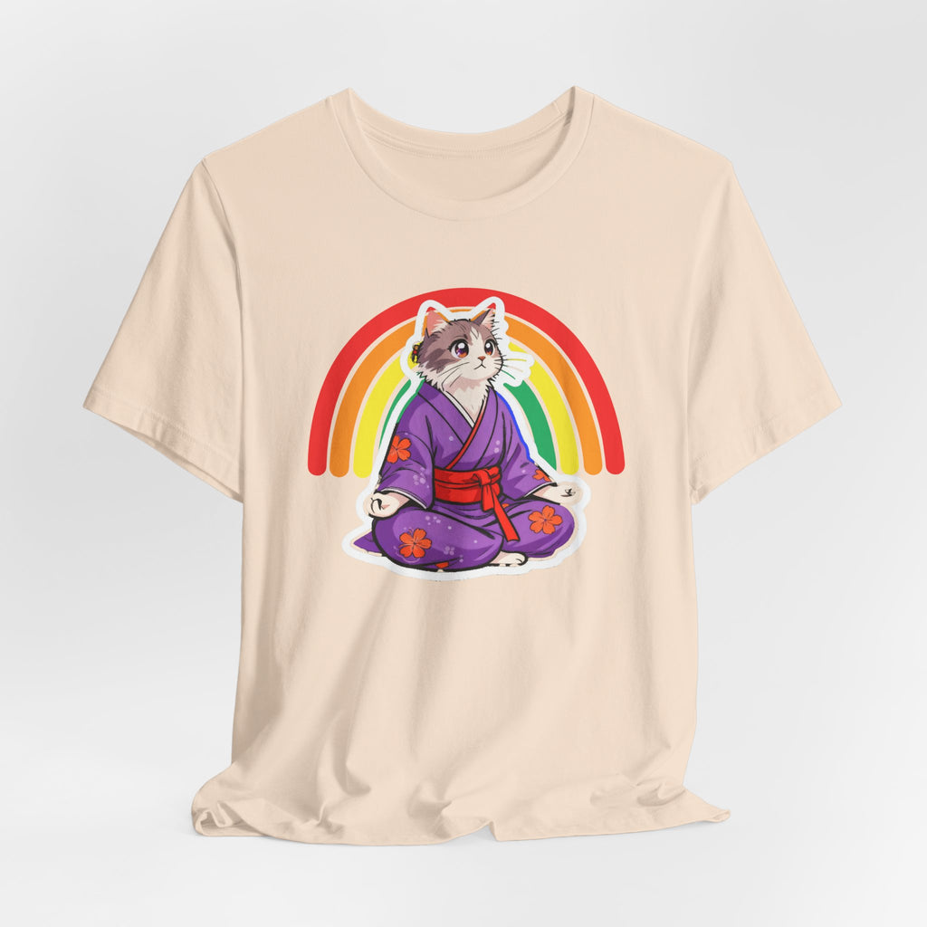 Rainbow Zen Cat Tee | Japanese Meditation Neko Kimono Shirt - Kimono Cats Collection