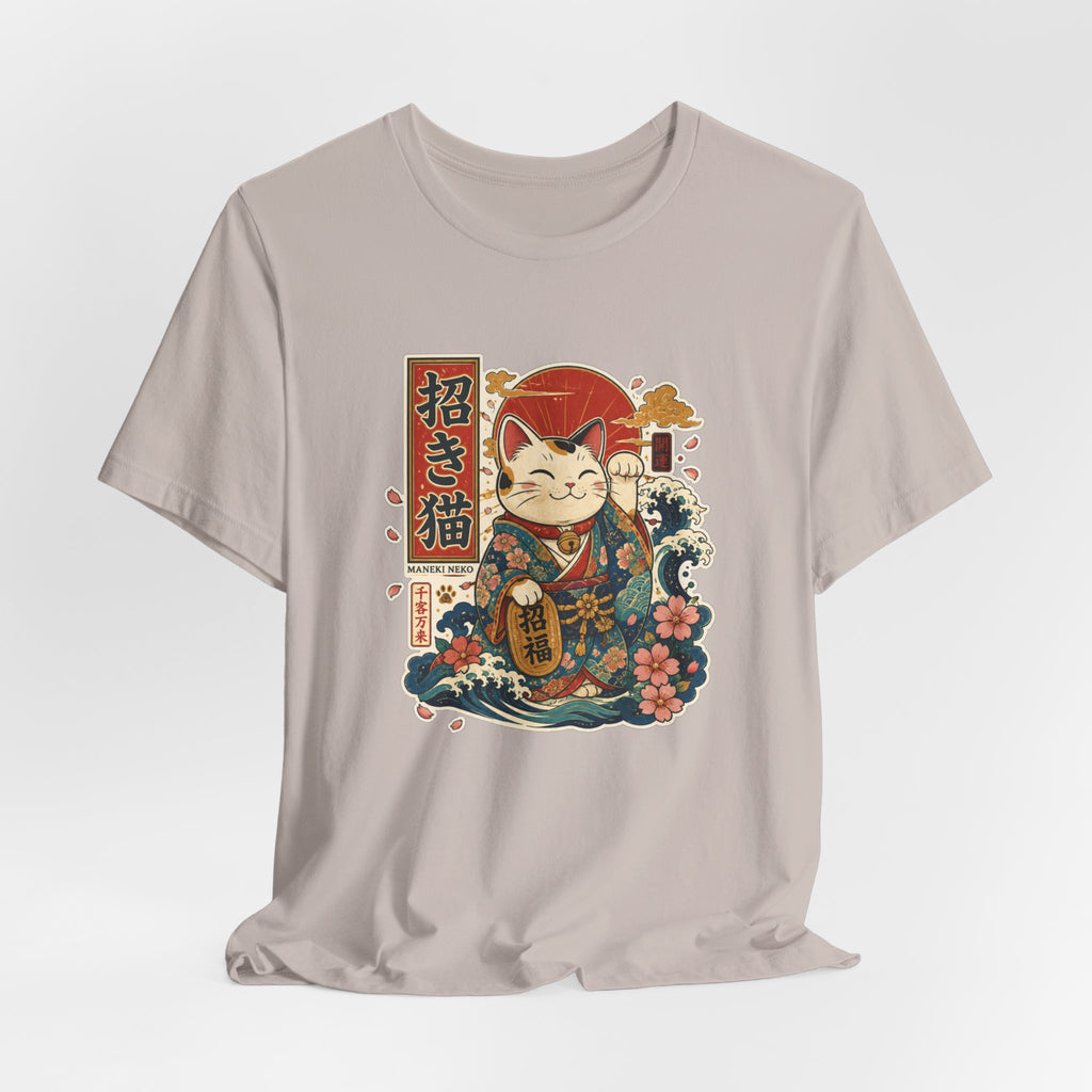 Maneki Neko Lucky Cat T-Shirt — Japanese Wave & Floral Good Fortune Tee