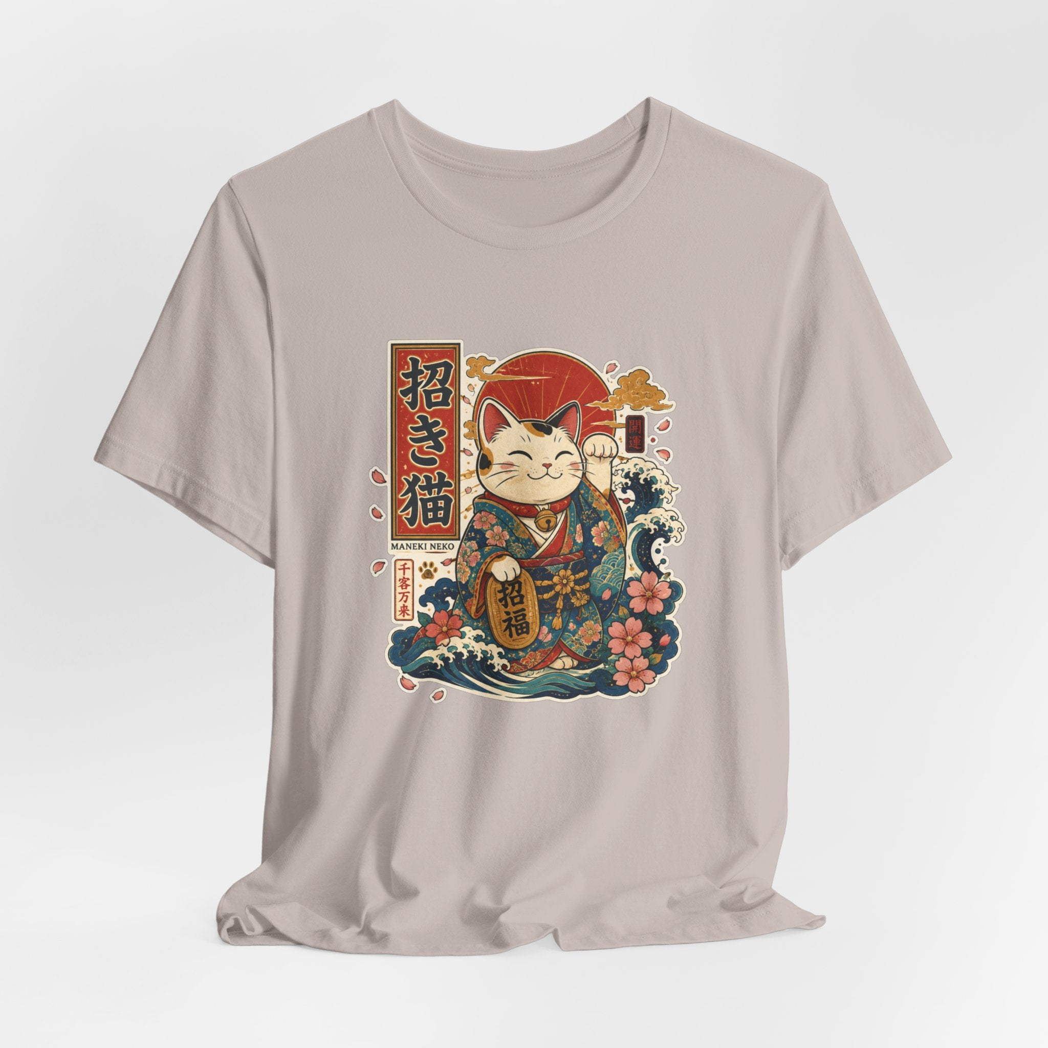 Maneki Neko Lucky Cat T-Shirt — Japanese Wave & Floral Good Fortune Tee