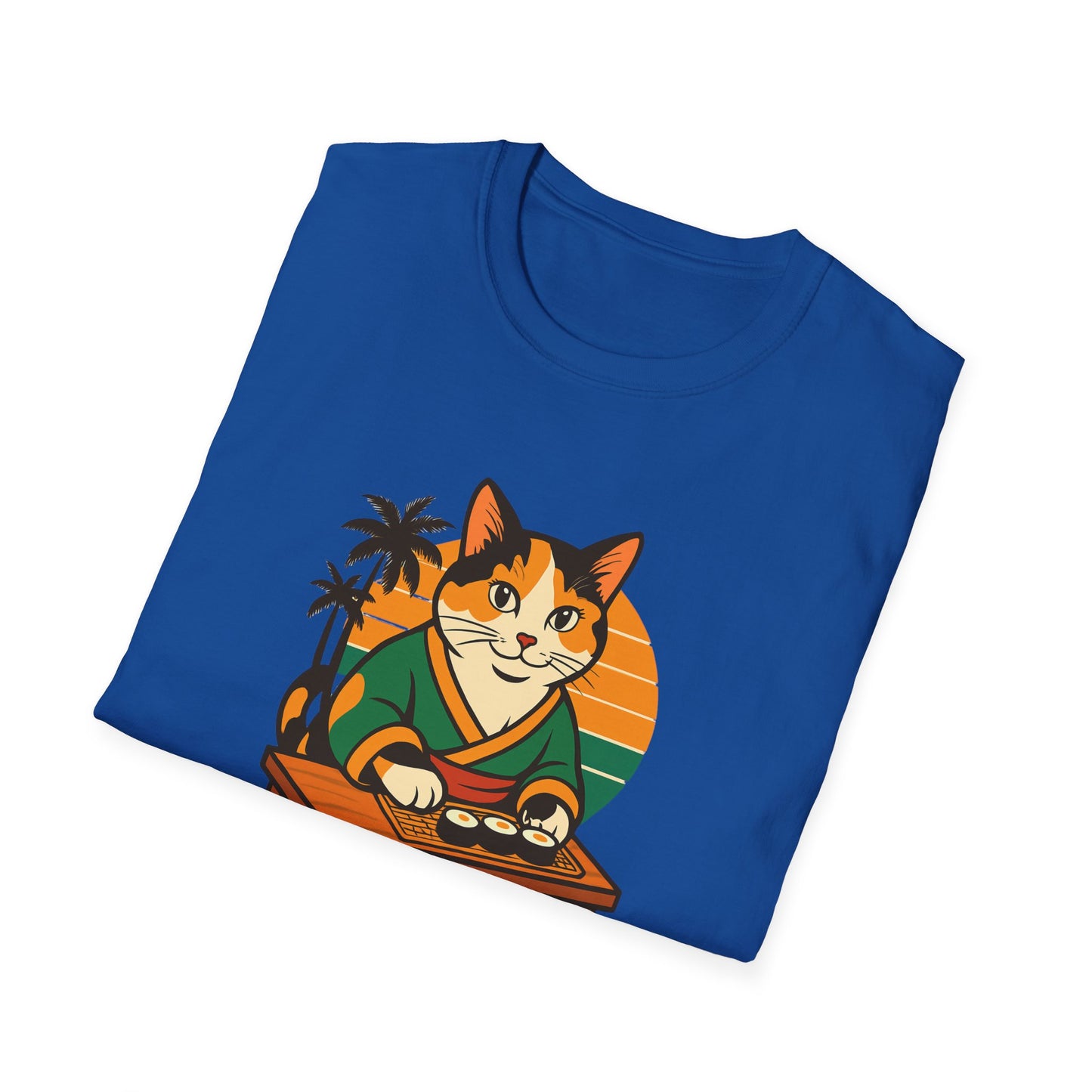 Sushi Cat Just Roll With It Tee - Cat-Themed Graphic Shirt, Japanese Neko in Kimono, Sushi Lover Kitty