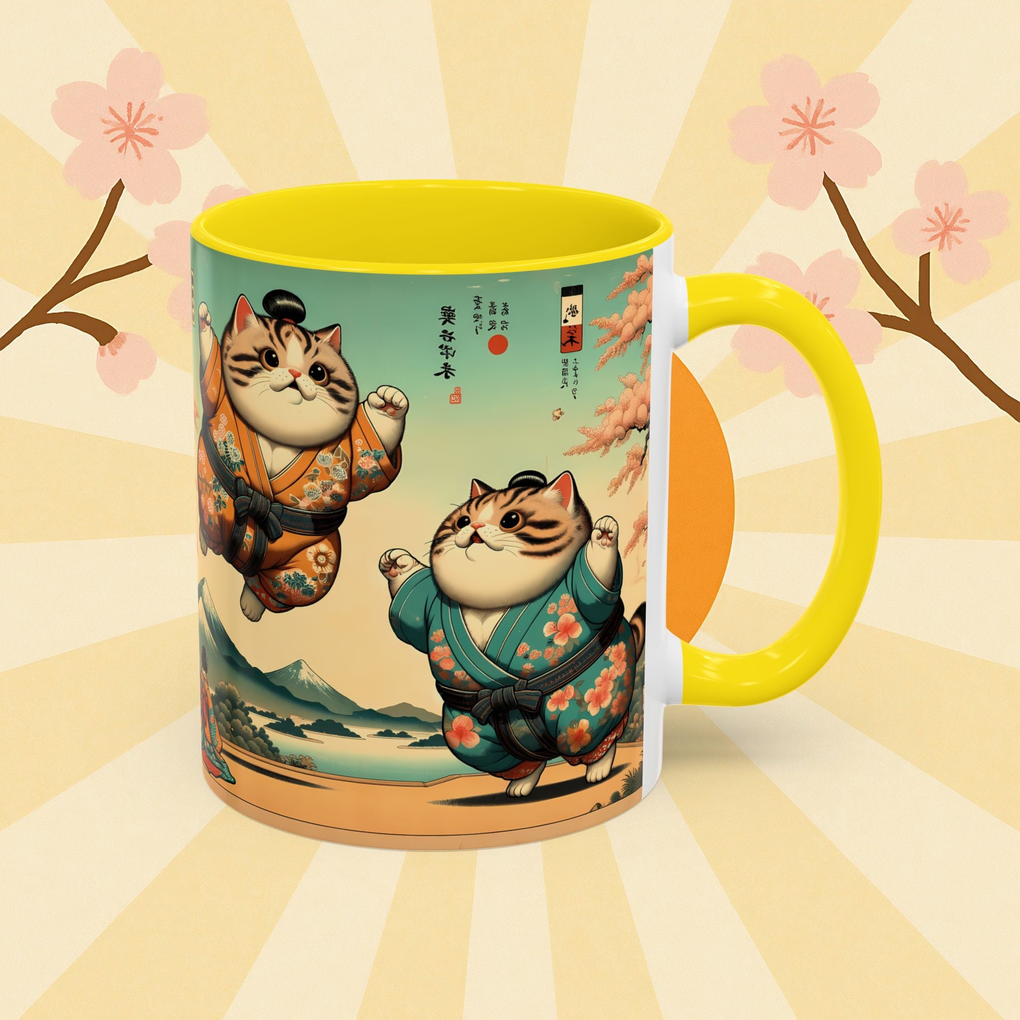 Sumo Cats Mug with Japanese Cherry Blossoms Design - Kimono Cats Collection