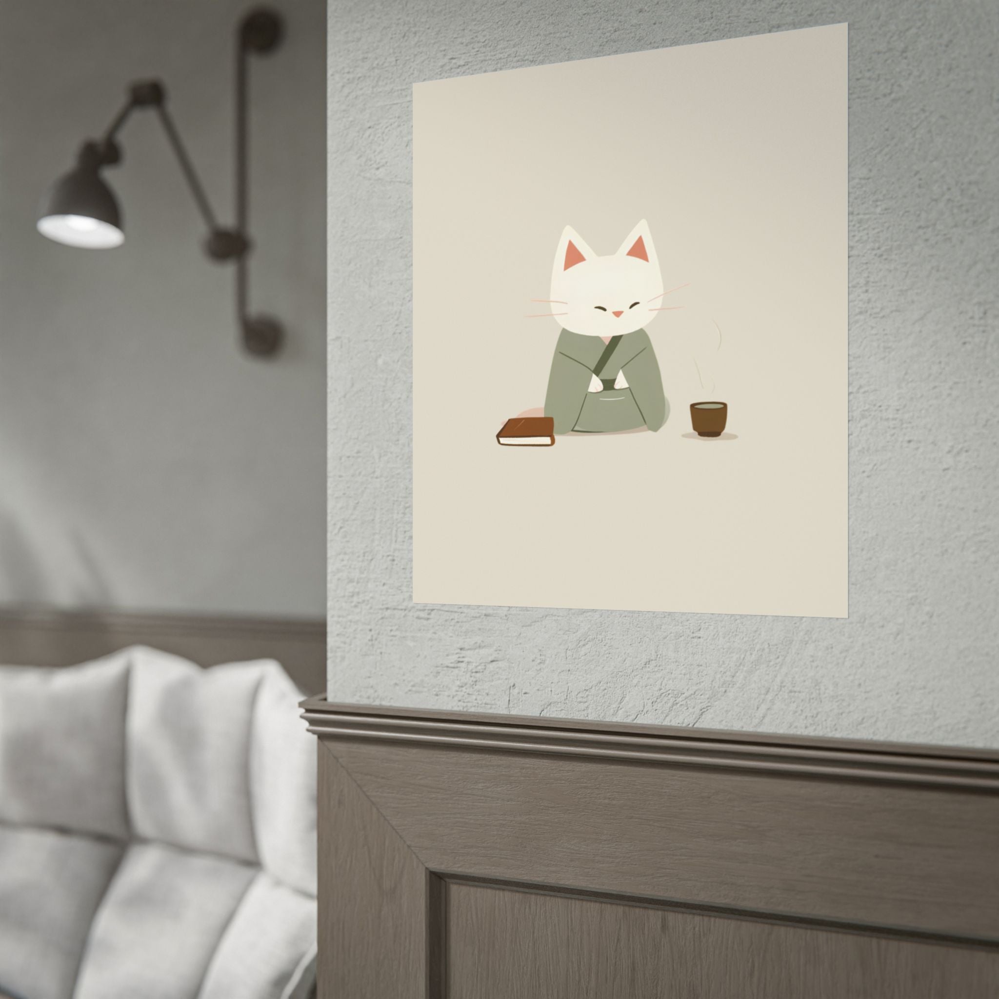 Zen Cat Poster – Minimalist Japanese Tea & Book Wall Art