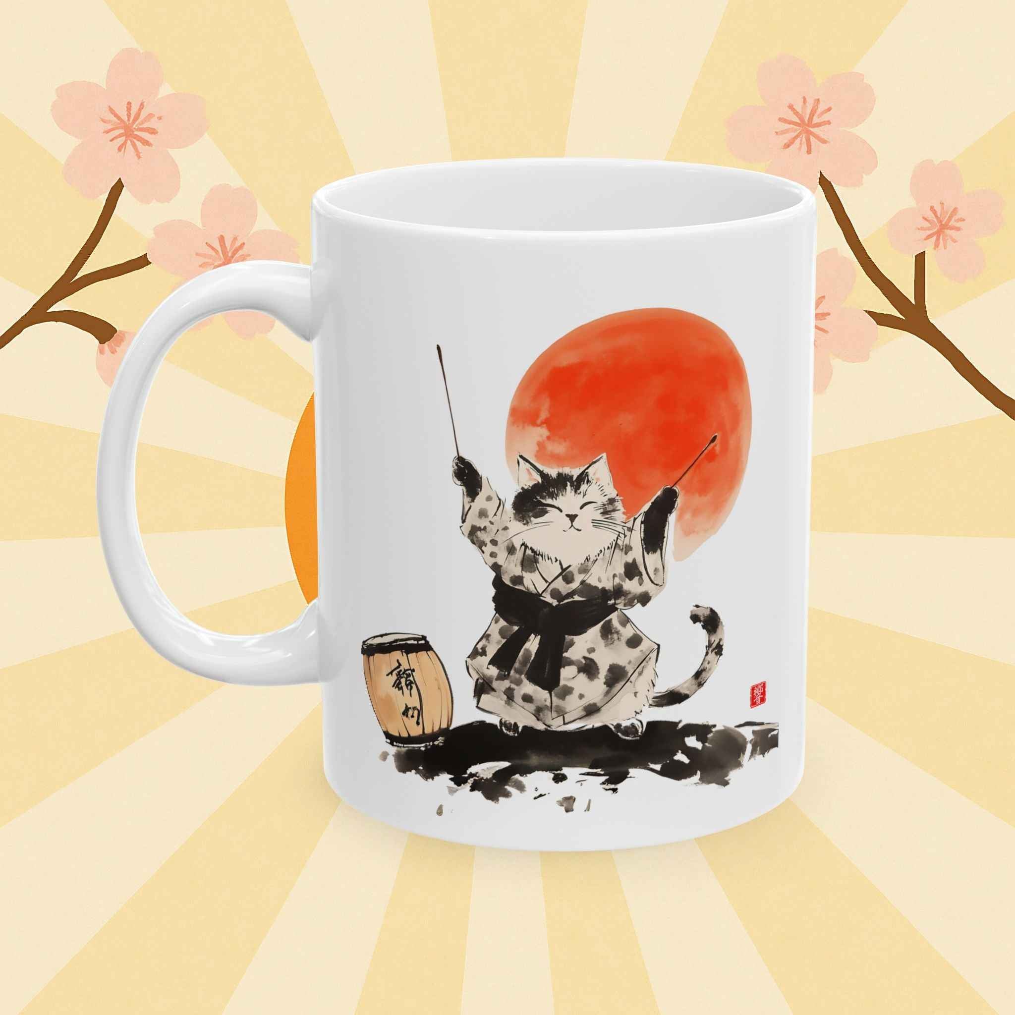 Japanese Sumi-e Taiko Cat & Red Sun Coffee Mug (11oz/15oz)