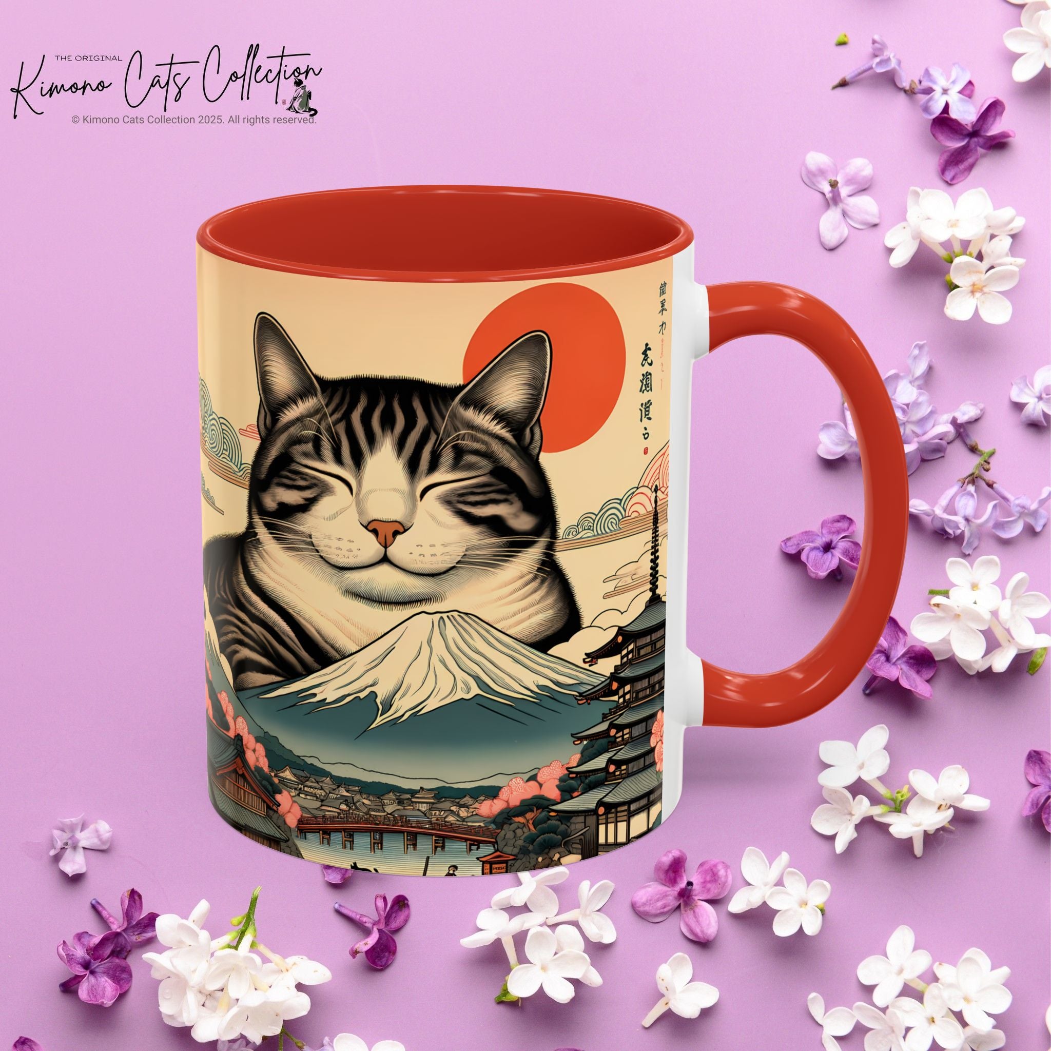 Japanese Fuji Cat Mug - Ukiyo-e Style Gift for Cat Lovers, Pet Mom Coffee Cup, Sleepy Neko Art Design