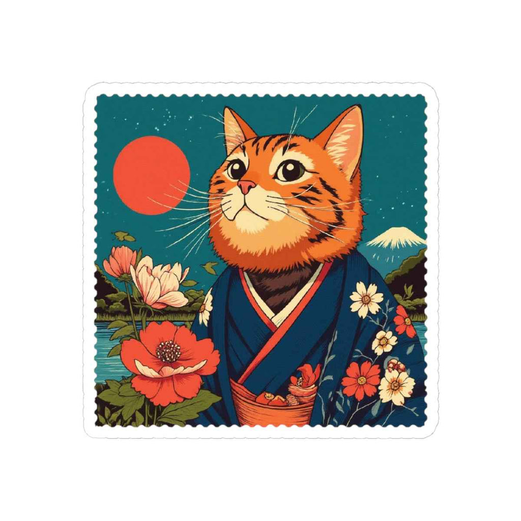 Samurai Cat Illustration Kiss-Cut Sticker | Vintage Japanese Floral Design