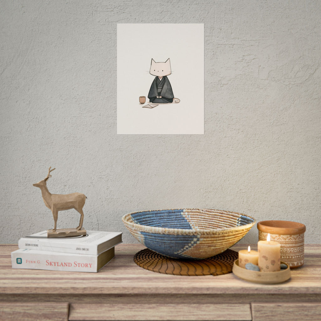 Zen Cat Poster — Minimal Japanese Tea Ceremony Illustration