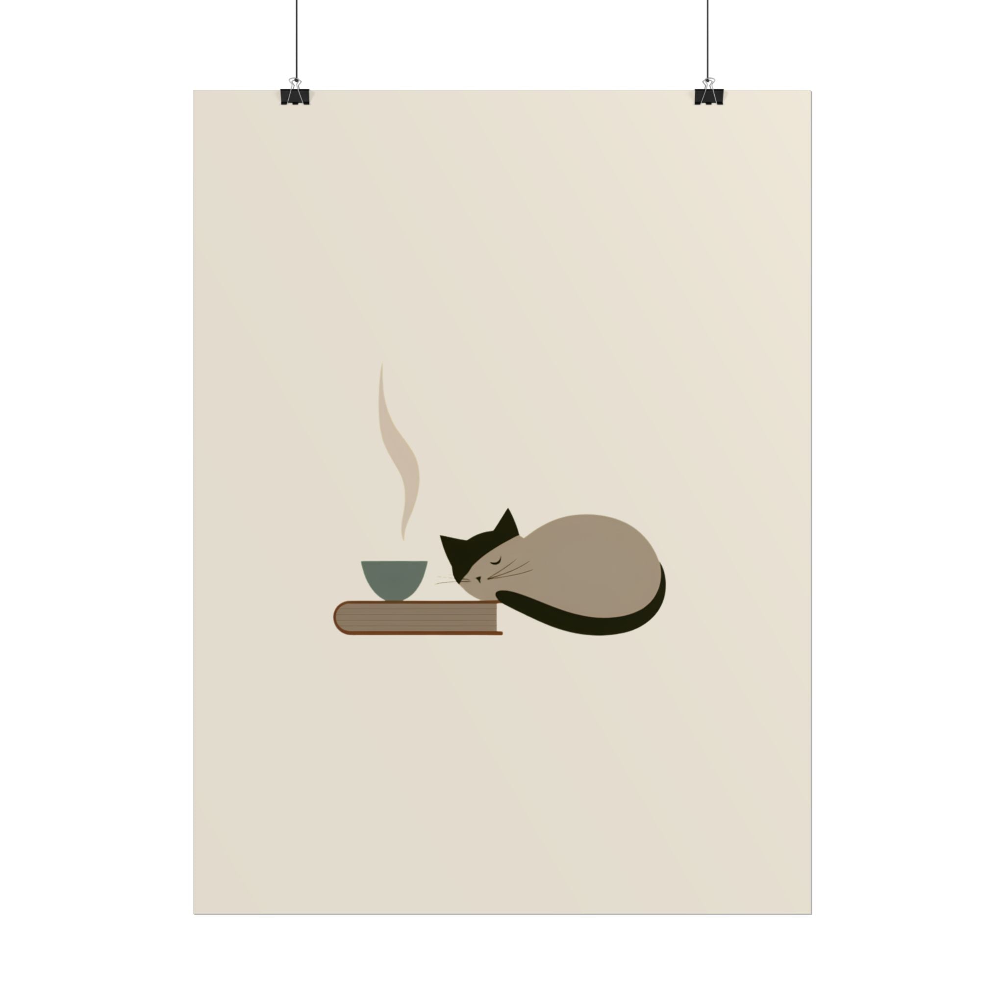 Minimalist Cat Nap Poster – Cozy Tea & Book Wall Art