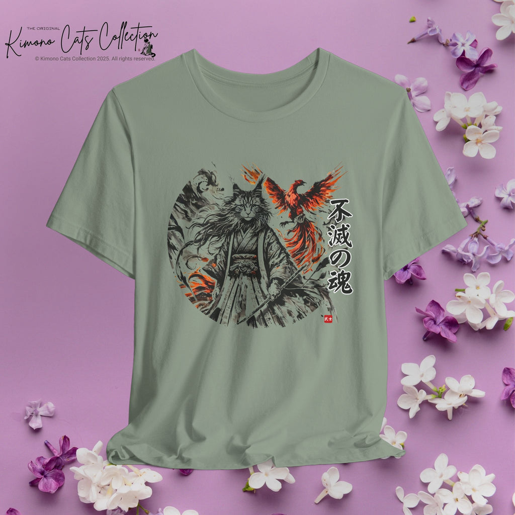 Indestructible Soul – 不滅の魂 | Samurai Cat & Phoenix T-Shirt