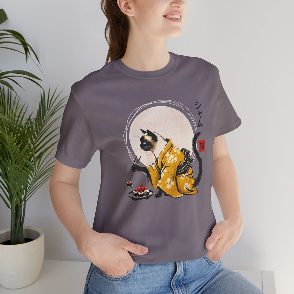 Siamese Cat Tee - Kimono Cat Eating Sushi T-Shirt, Japanese Neko