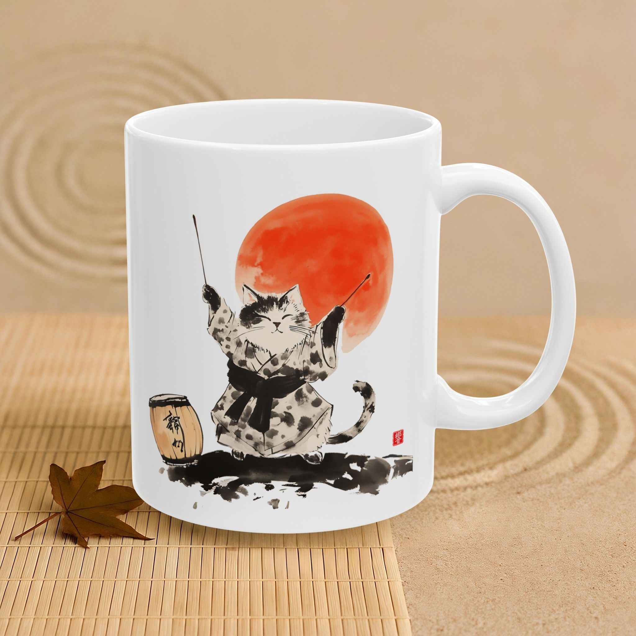 Japanese Sumi-e Taiko Cat & Red Sun Coffee Mug (11oz/15oz)