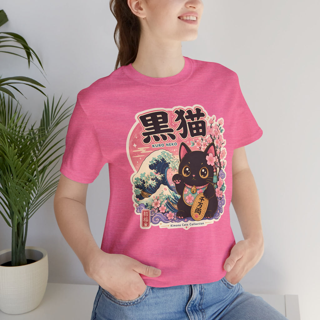 Maneki Neko Black Cat Tee | Japanese Lucky Cat, Sakura Waves Graphic Shirt