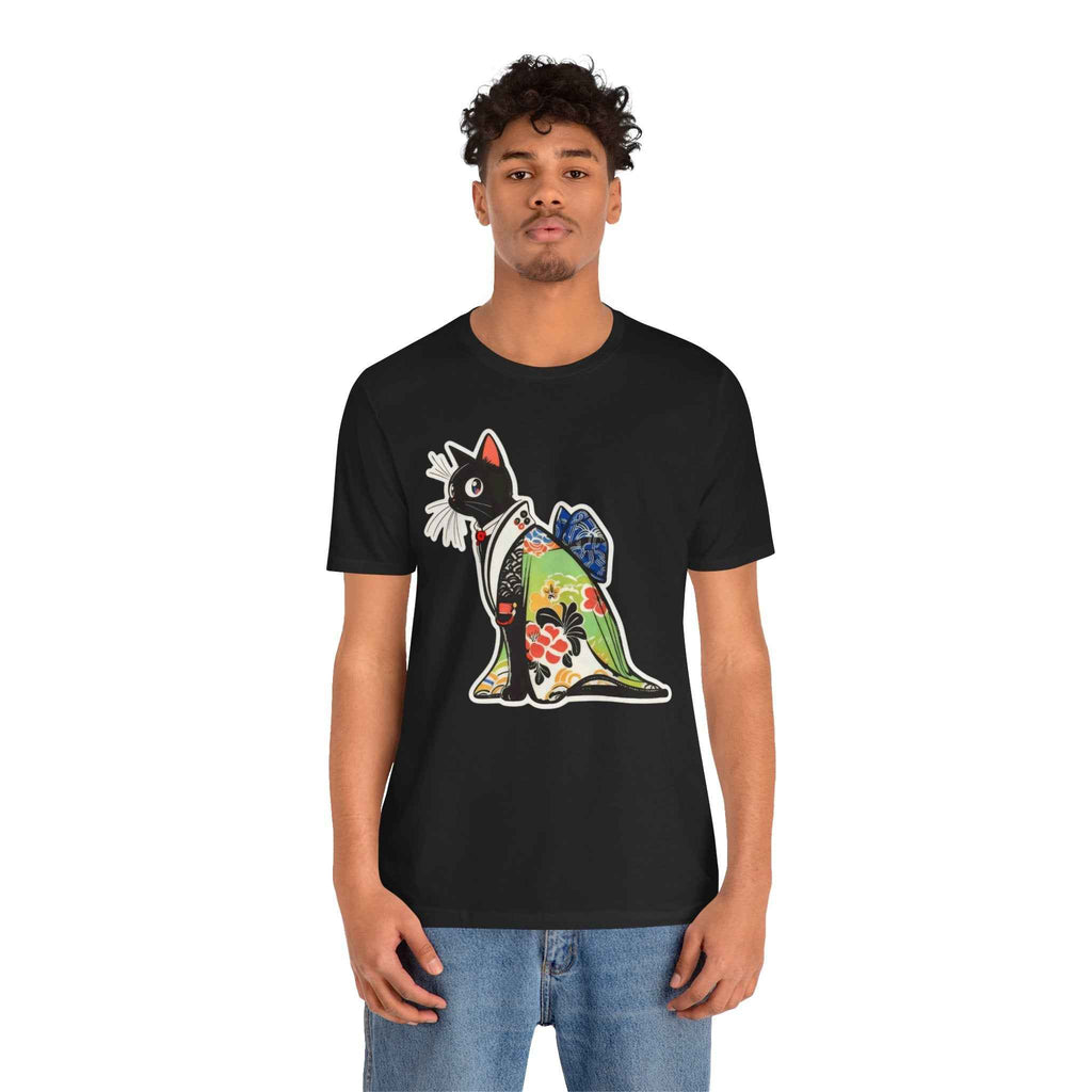 Cat Kimono T‑Shirt — Japanese Floral Black Cat Graphic Tee