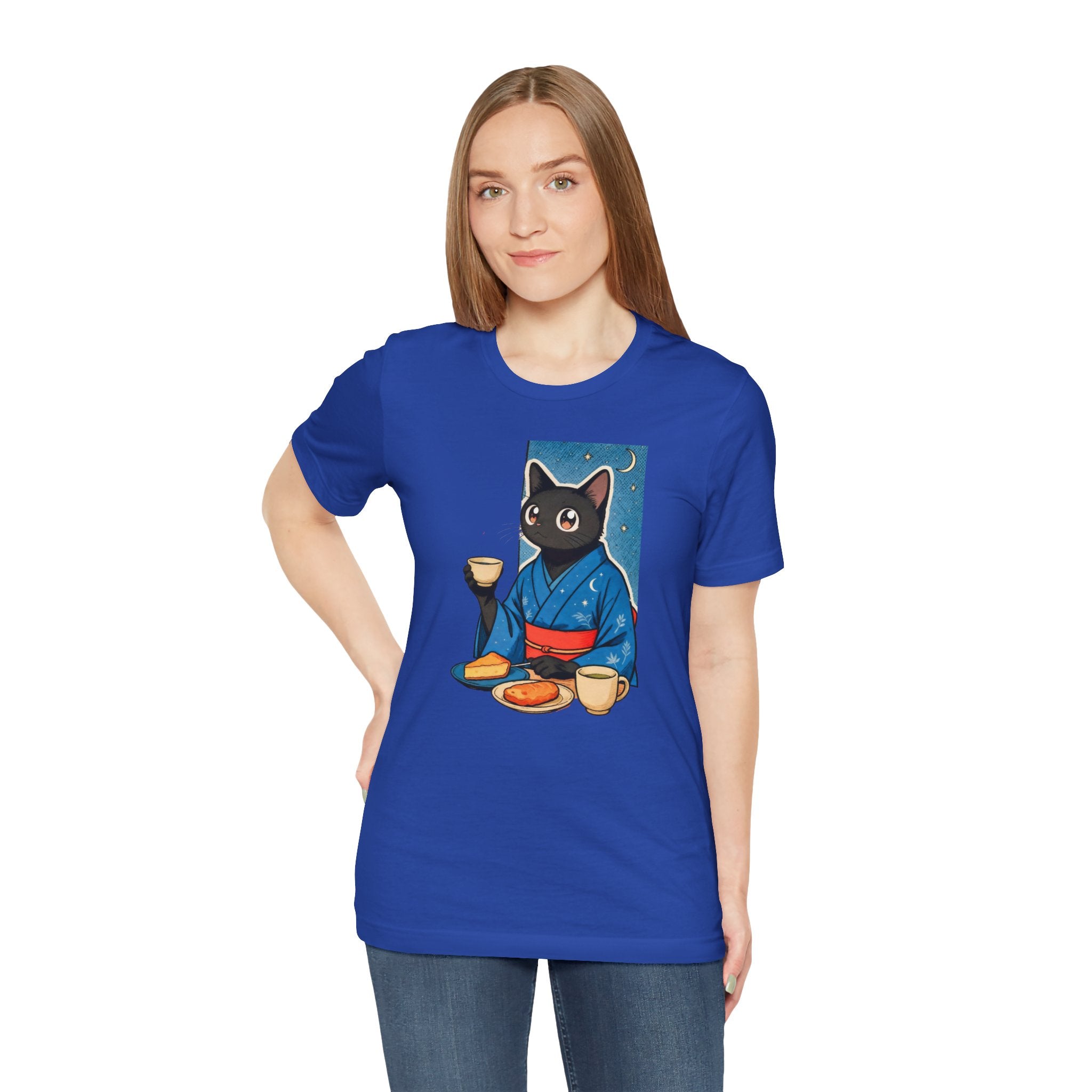 Midnight Tea Cat Shirt - Japanese Kimono Black Cat Tee | Cozy Night Aesthetic