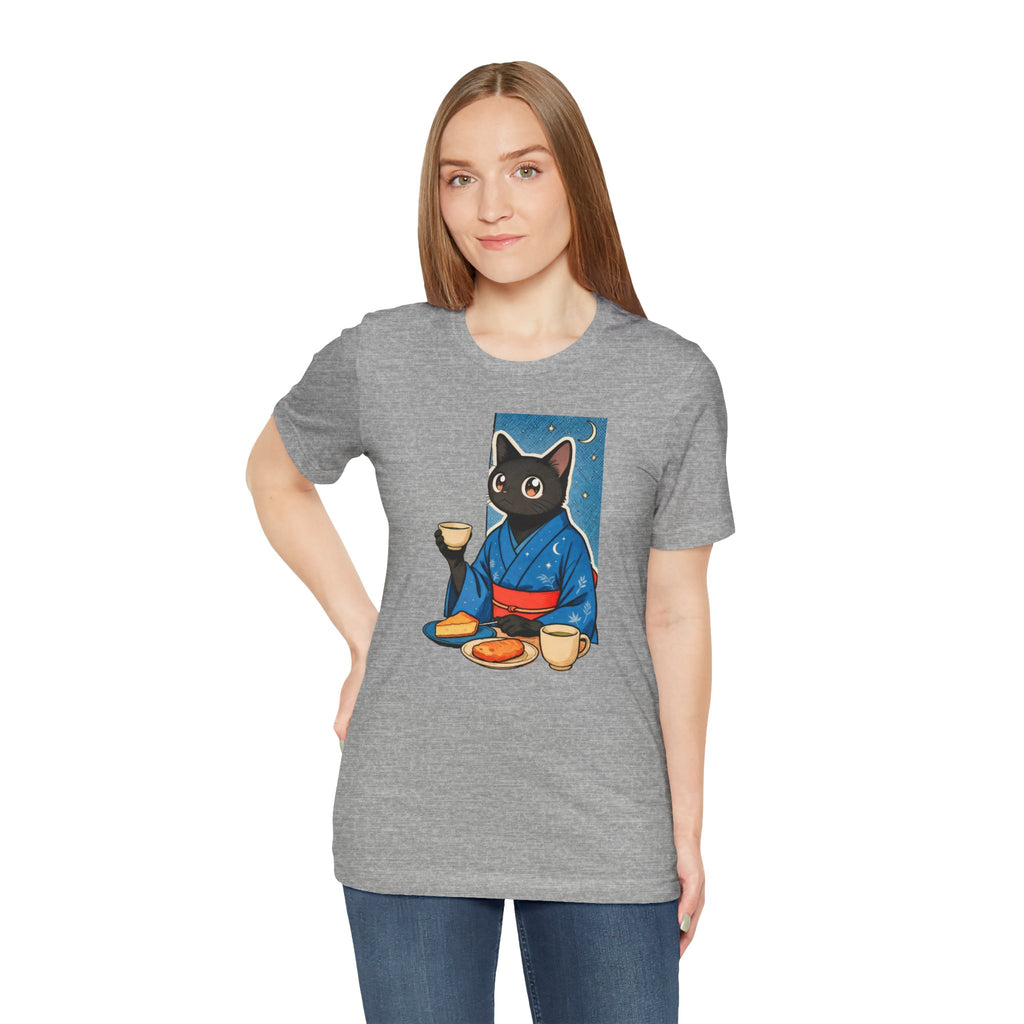 Midnight Tea Cat Shirt - Japanese Kimono Black Cat Tee | Cozy Night Aesthetic
