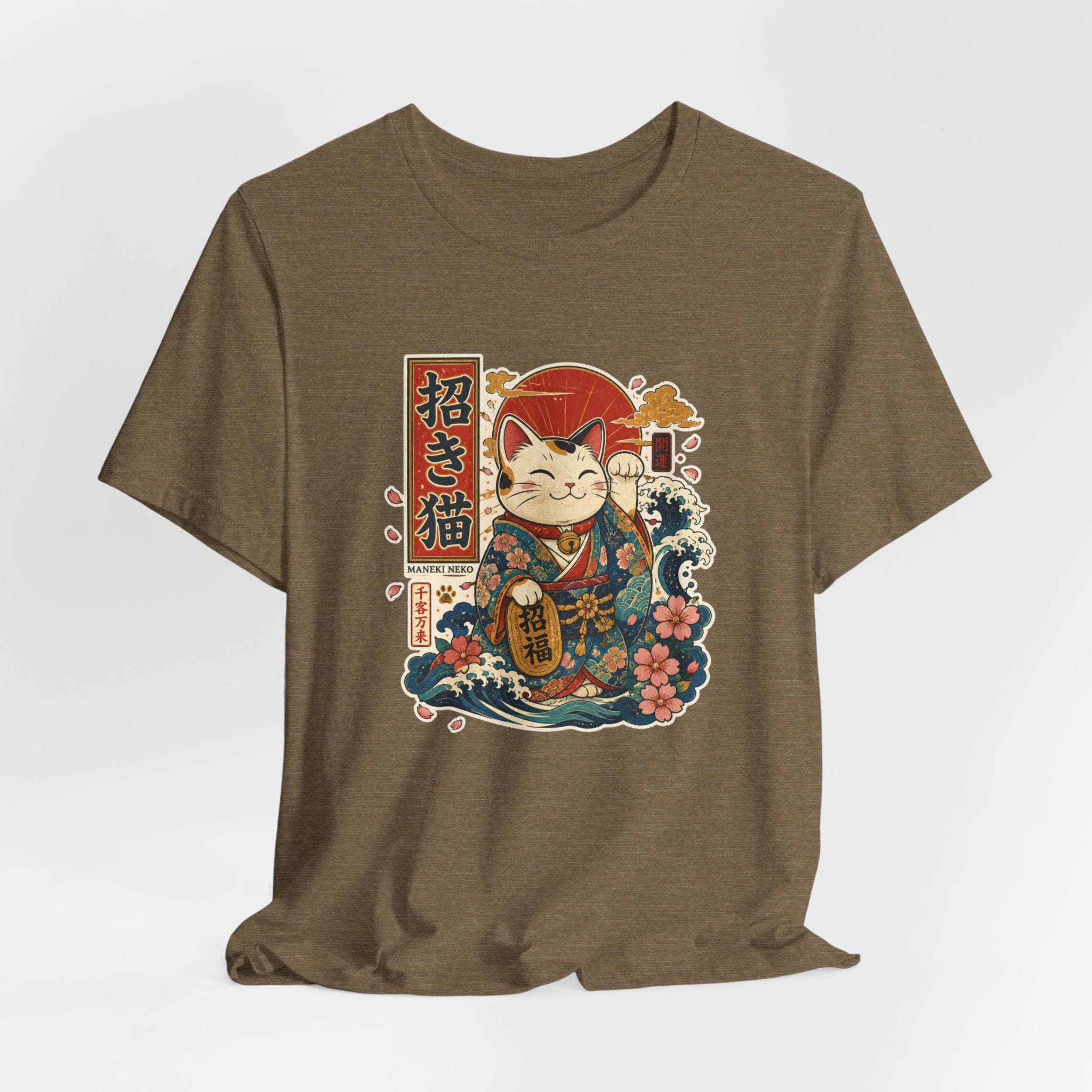 Maneki Neko Lucky Cat T-Shirt — Japanese Wave & Floral Good Fortune Tee