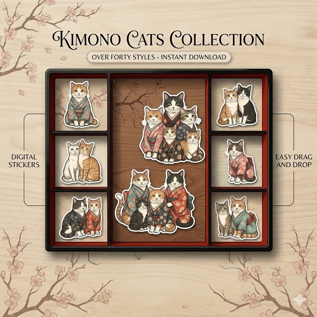 49 Bundle of Kimono Cat Stickers, Japanese Kawaii Clipart, Digital Planner PNG (Digital Download)